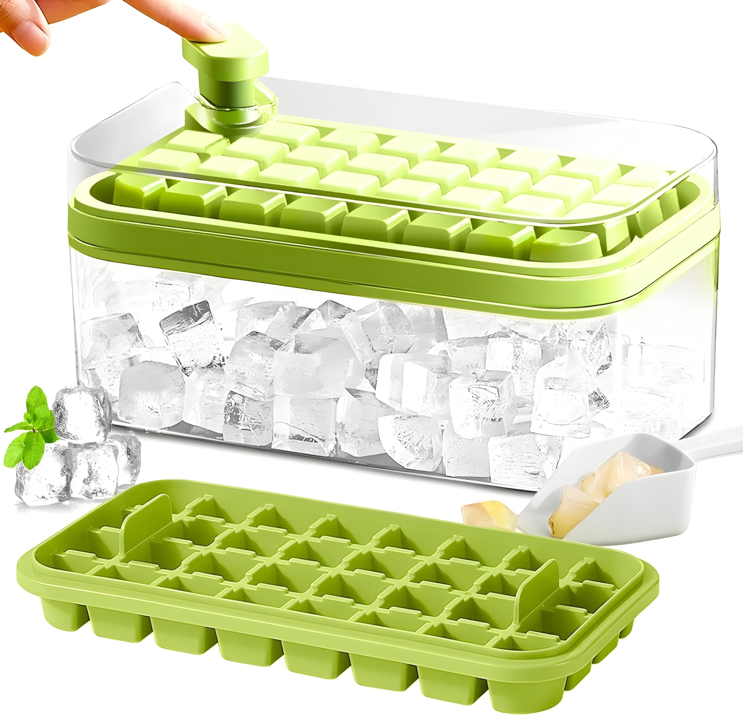 ZENOVISTA Ice Cube Tray with Lid and Bin 64 Pcs Square Ice Cubes Molds with Ice Scoop,Easy Release & Save Space BPA Free Ice Cube Storage Container Set for Whiskey Cocktail and Smoothie(Multicolor)