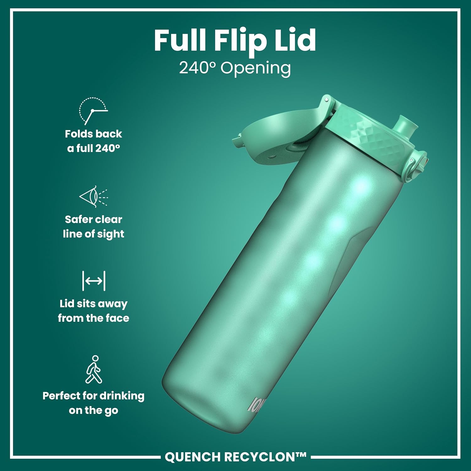 Ion8 1 Litre Water Bottle with Times to Drink, Leak Proof, Flip Lid, Carry Handle, Dishwasher Safe, BPA Free, Soft Touch Contoured Grip, Ideal for Gym, Health and Fitness, 32 oz, Teal