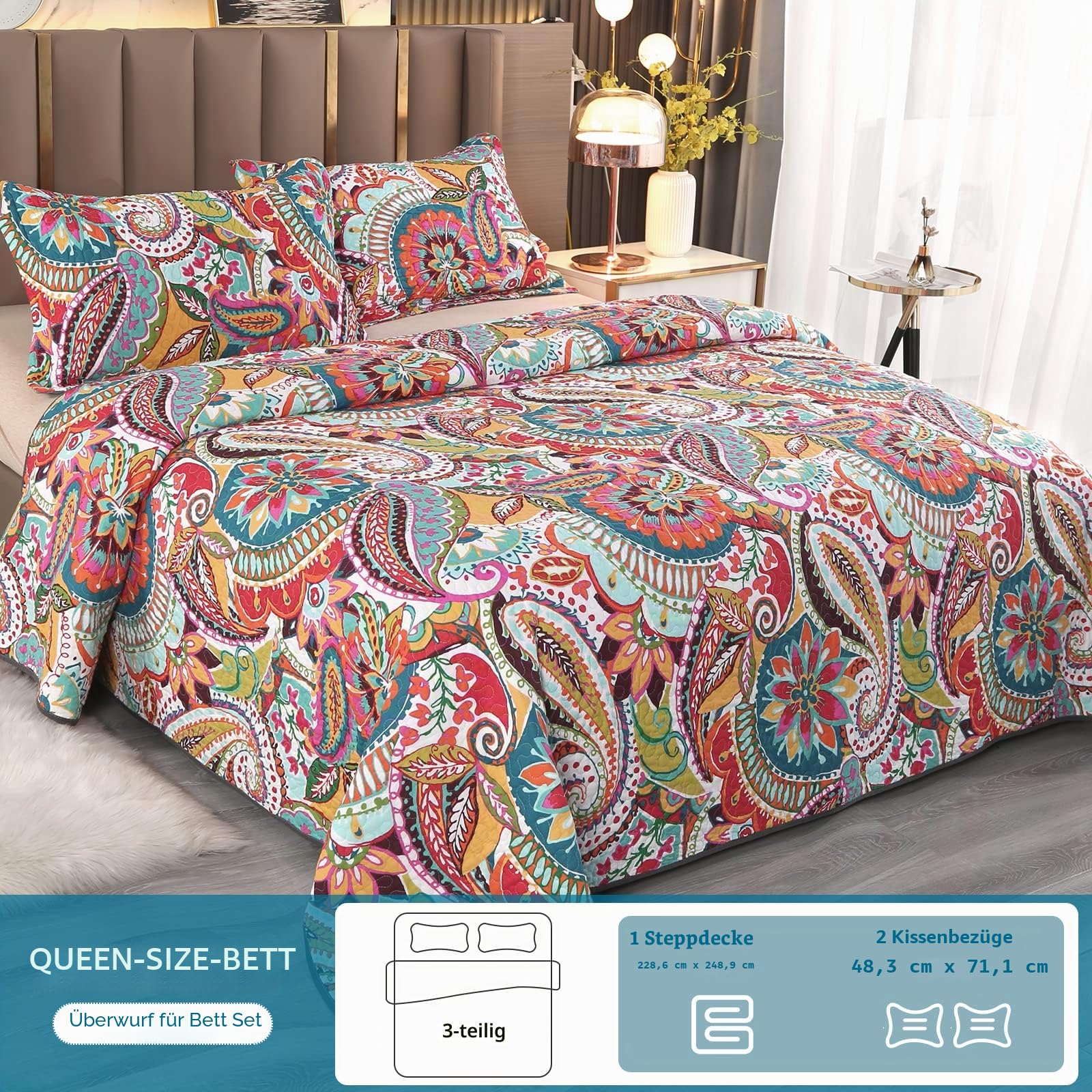 Qucover Tagesdecke 220x240cm Baumwolle Blumen Paisley Bettüberwurf 230x250cm Steppdecke mit 2 Kissenbezug Wendedecke Ganzjahresdecke für Doppelbett (Rot-grüne Blume, 230x250cm)