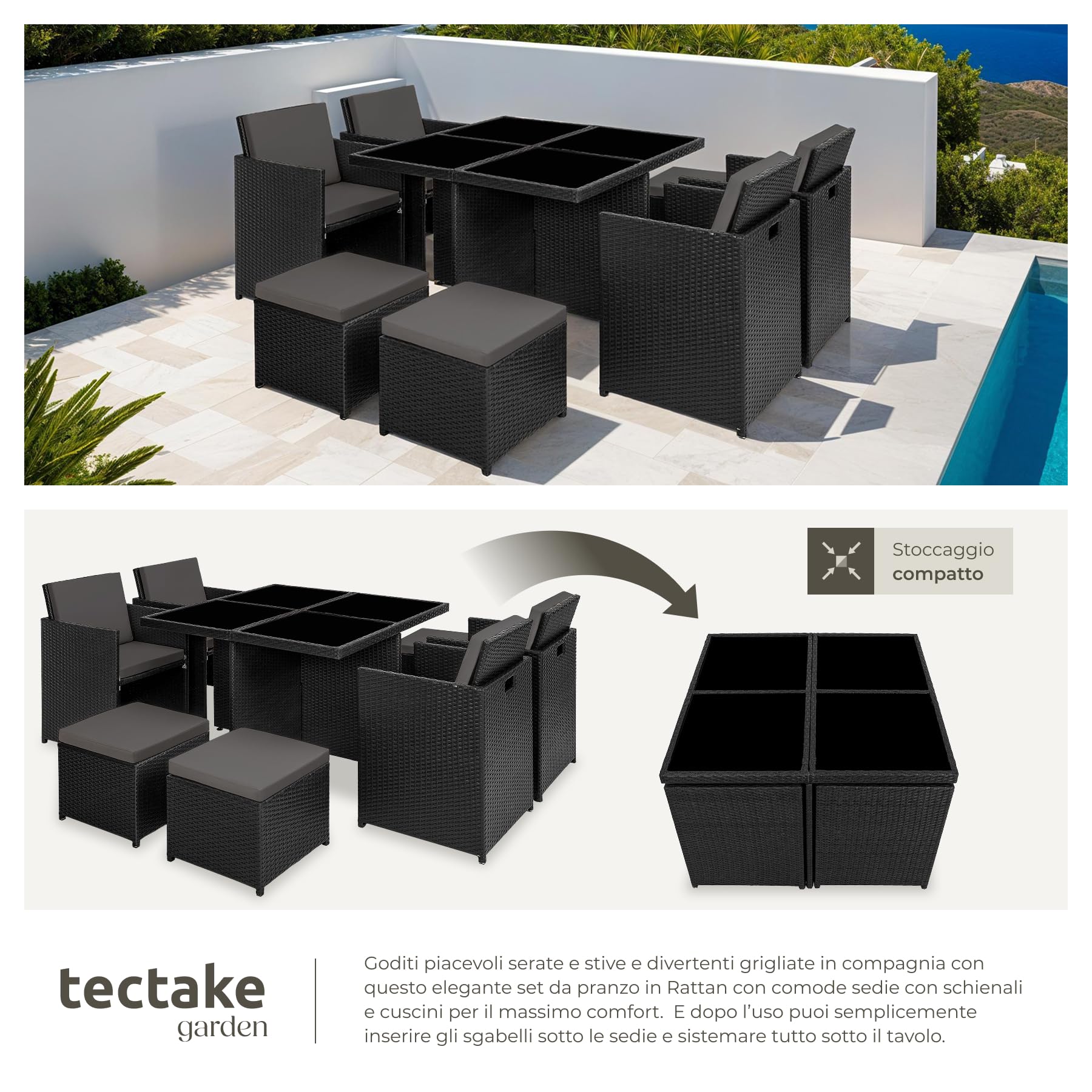 Tectake Set Mobili da Giardino Rattan Sintetico Alluminio 4 Sedie Tavolo 4 Sgabelli Involucro Protettivo Nero