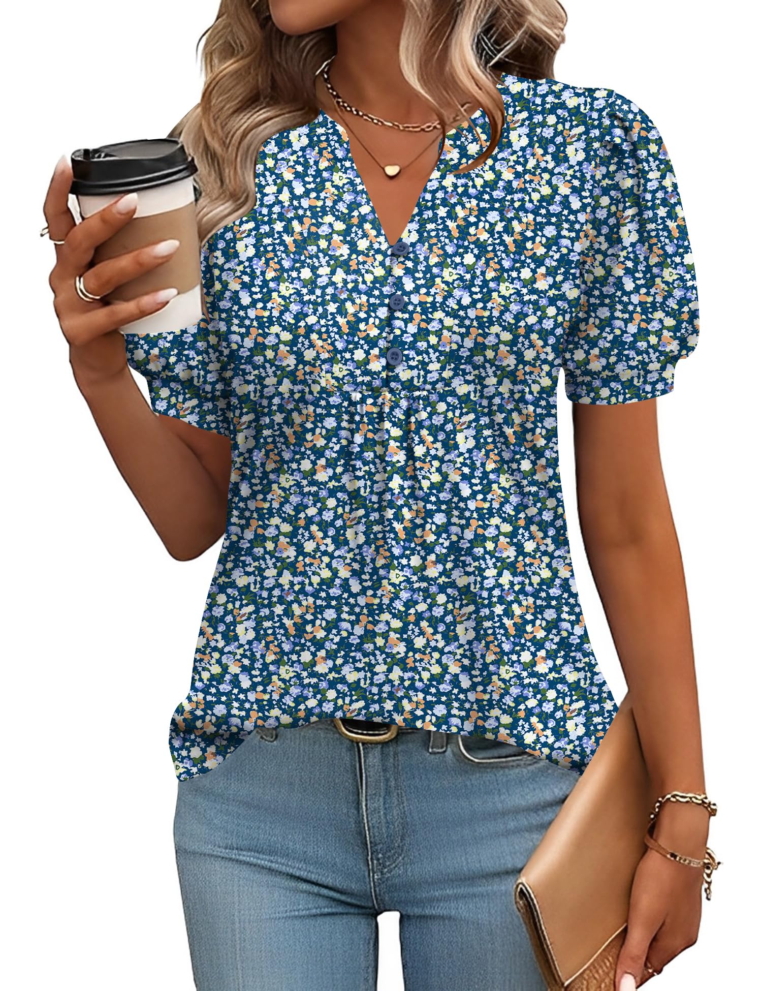 Rapbin Bluse Damen V-Ausschnitt Knopfleiste T-Shirt Tunika Kurzarm Top Sommer Oberteile Elegant Casual