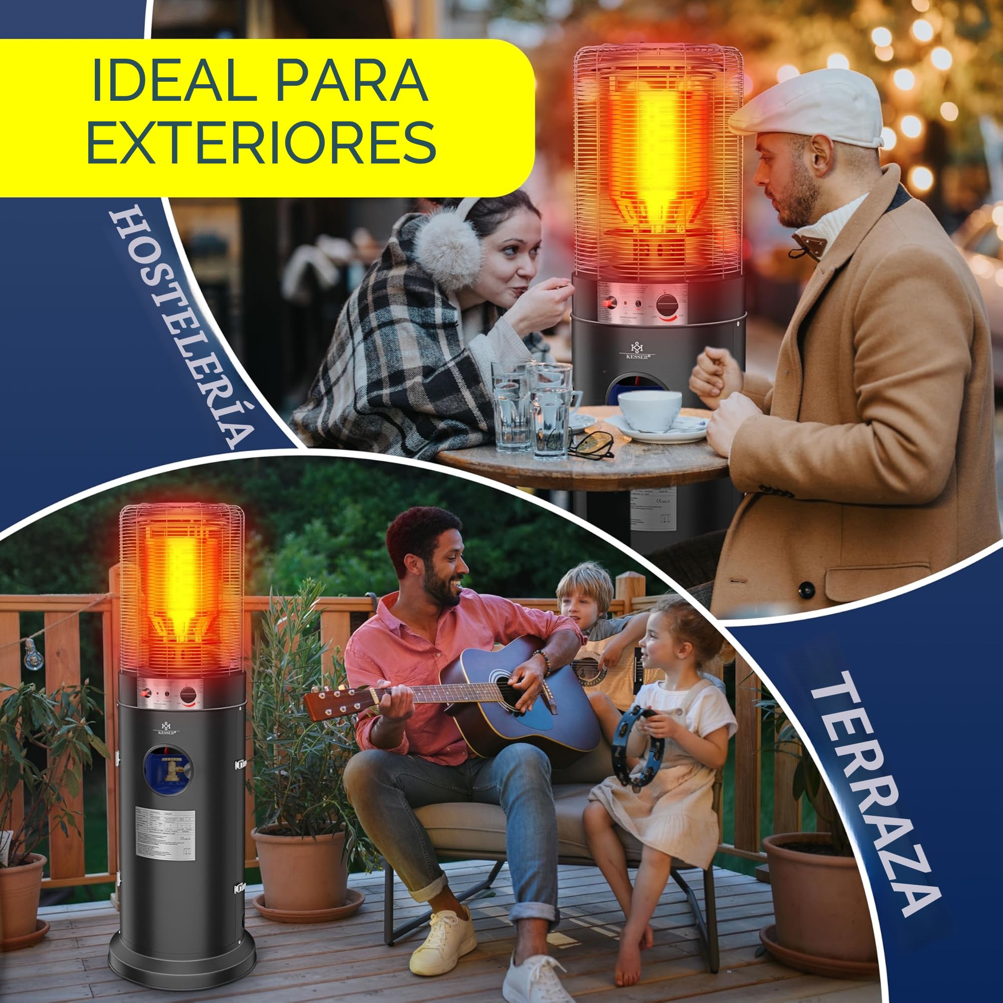 KESSER® Calefactor radiante de gas KE12, calefactor de patio, de exterior, 12,5 kW de gas, radiante, incl. cubierta projoectora acero inoxidable, negro
