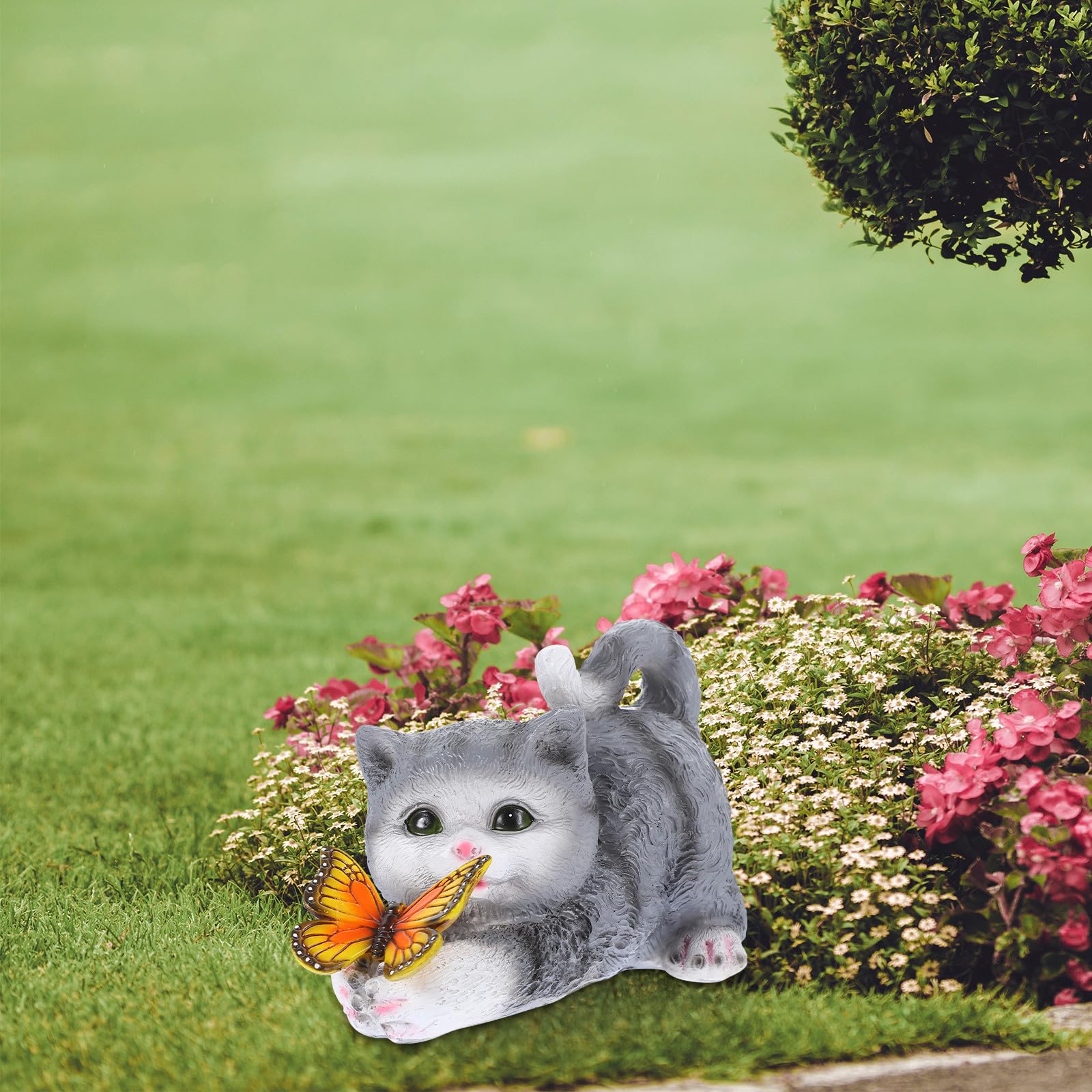 Abaodam Katzenfigur aus Kunstharz Garten Deko Terrasse Statue Realistisch Graue Skulptur Filigranes Katzenmodell für Sammler und Tierliebhaber