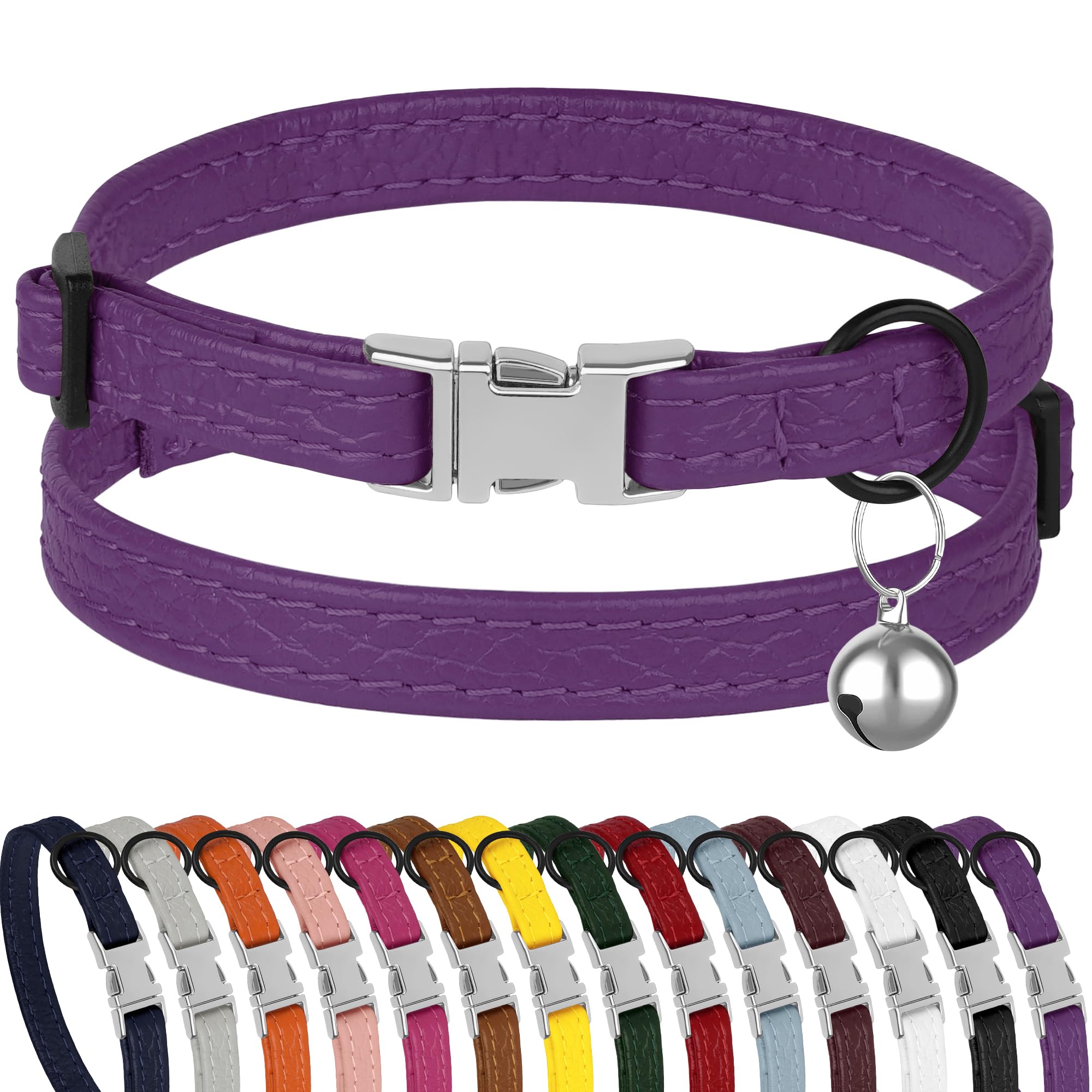Leather Cat Collar with Buckle and Removable Bell - Non Breakaway Adjustable Soft Safety Small Pet Collars for Girl Boy Cats Kitten (Purple)