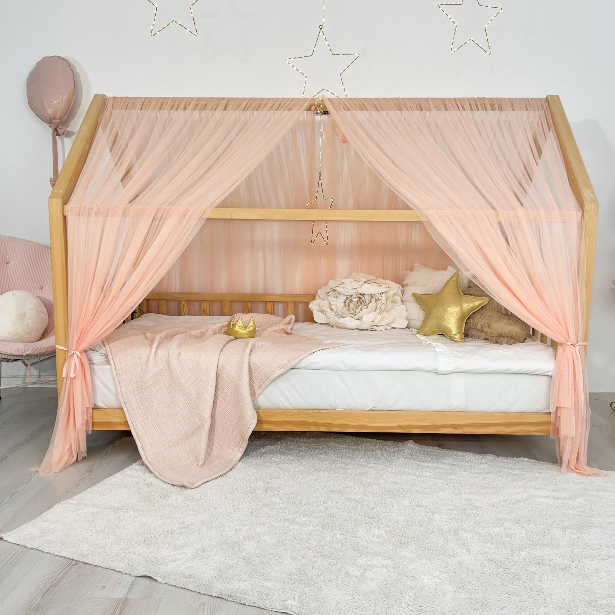 Toldo de cama estilo princesa para niñas, decoración de habitación de niños para camas Montessori, regalo de tul suave para niños pequeños (SALMON, 400 cm, juego 2)