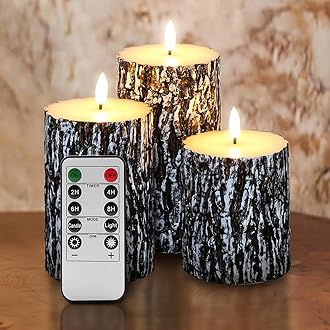Bark Flameless Pillar Candles with Remote, Farmhouse Wood LED Candles Battery Operated Flickering Christmas Decor Set of 3