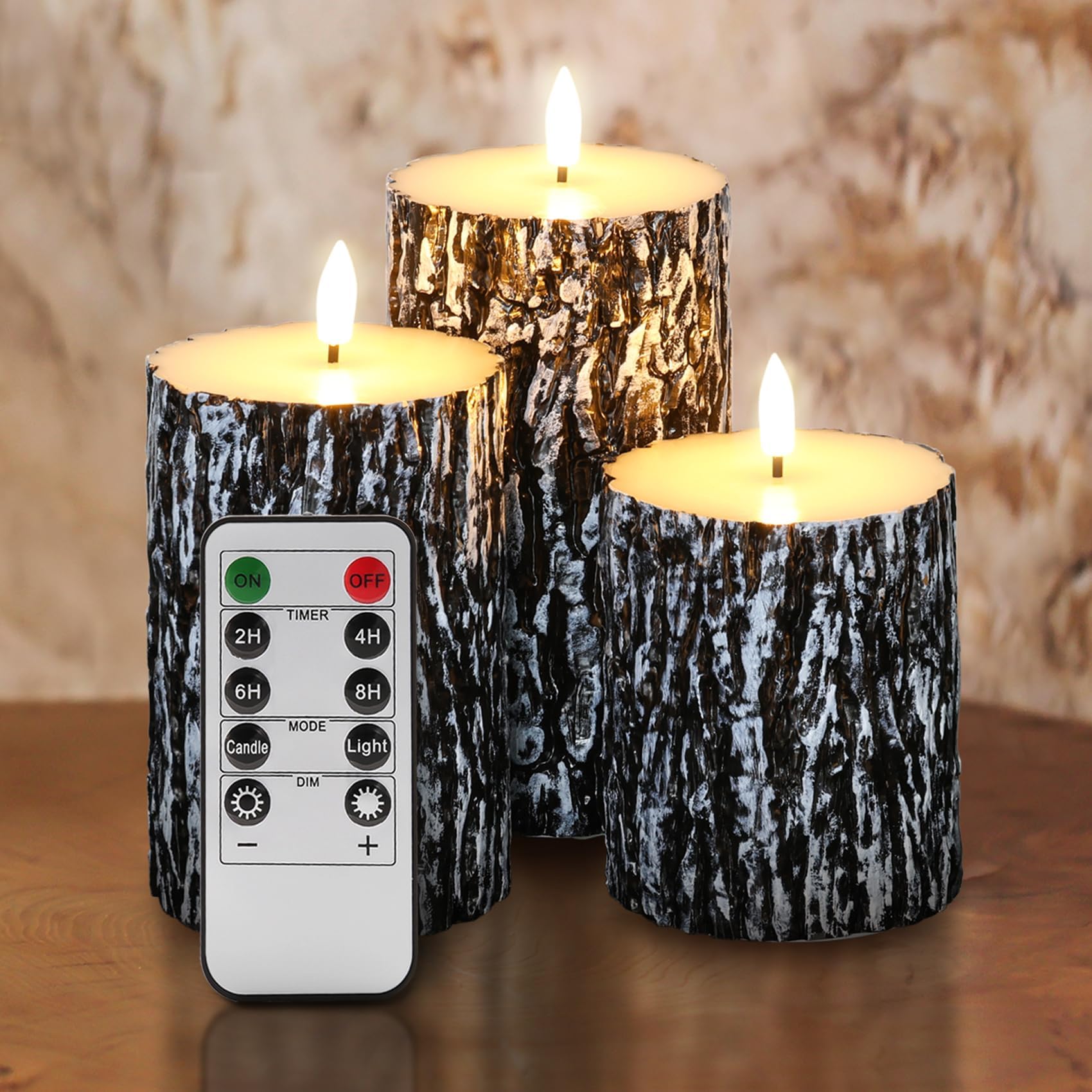 Eywamage Black Pine Bark Flameless Pillar Candles with Remote, 3 Pack Flat Top Flickering Battery Operated LED Candles Farmhouse Decor