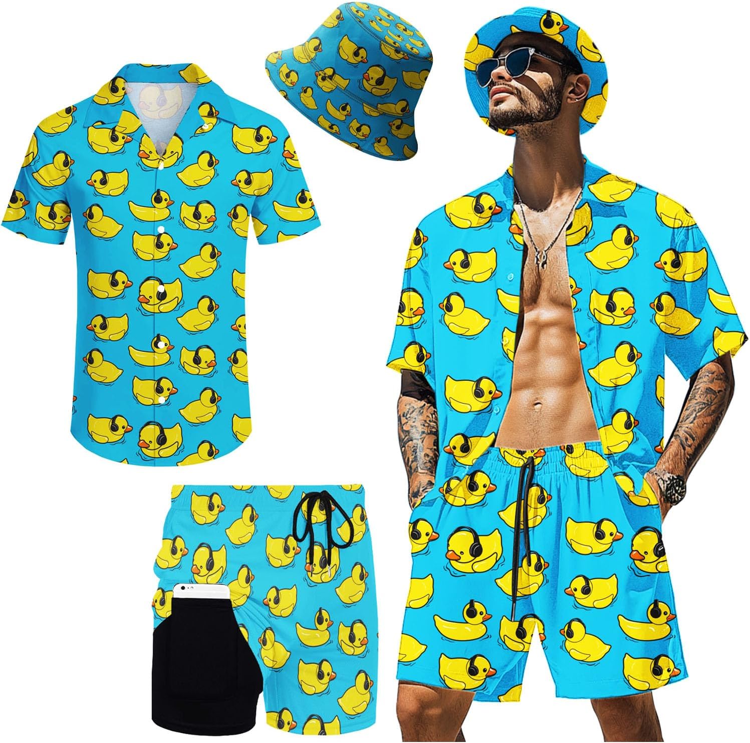 Hawaiian MenS 2 Piece Outfits Rave Duck Shirts Shorts Outfits Tropical Set with Hat