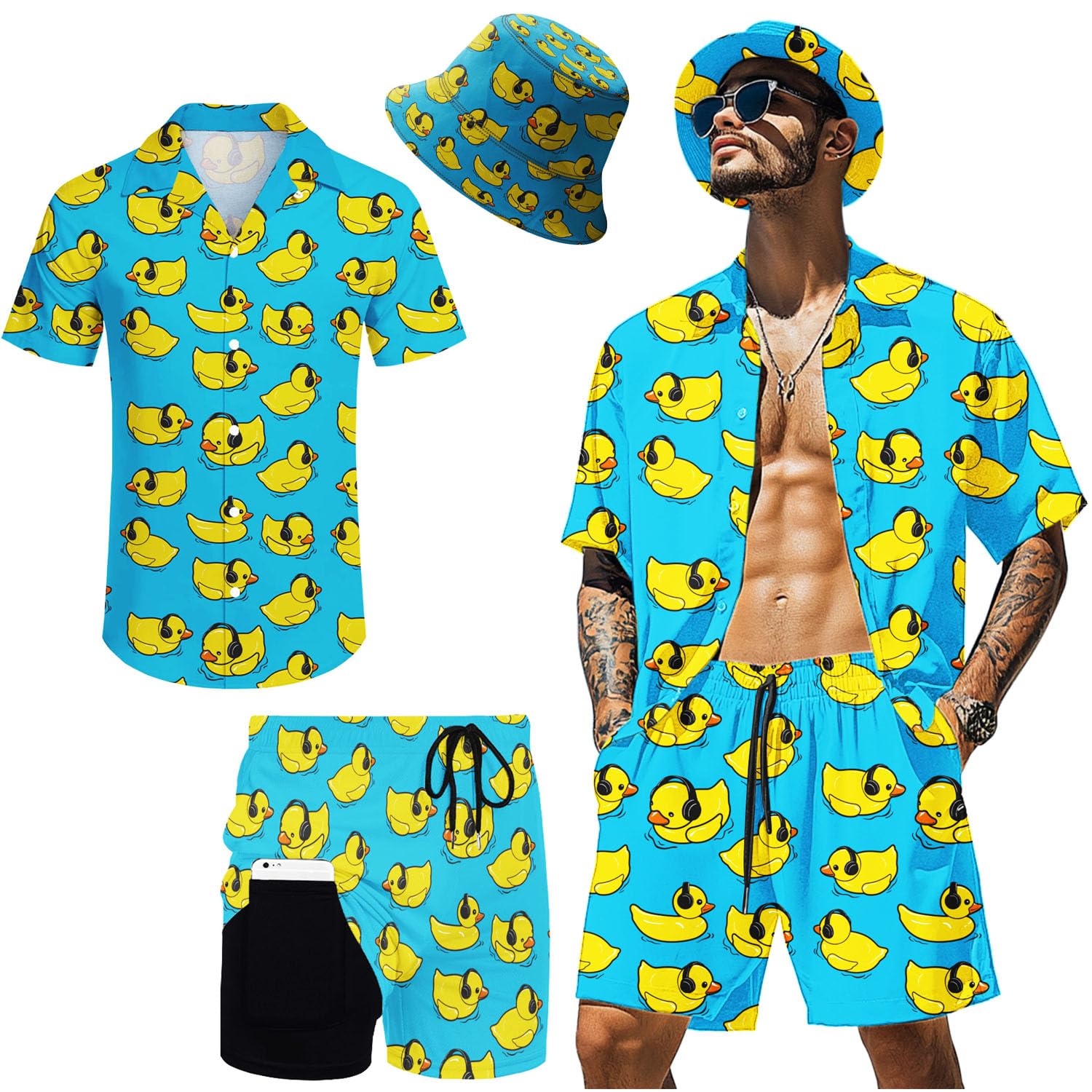 Hawaiian MenS 2 Piece Outfits Rave Duck Shirts Shorts Outfits Tropical Set with Hat