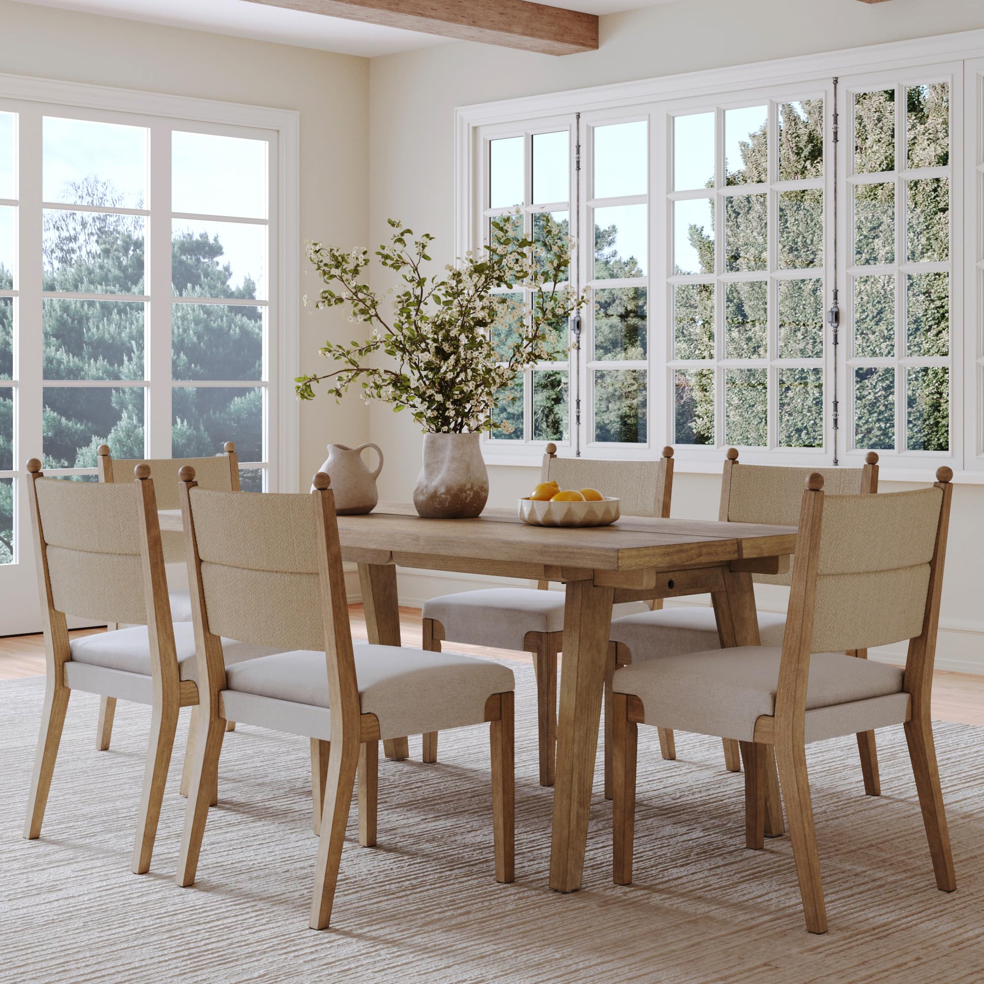 Andy Bohemian 6 Chair Dining Set, Extendable Dining Table with Solid Wood Frame and Upholstered Dining Chairs Set with Seagrass Backrest, Light Brown