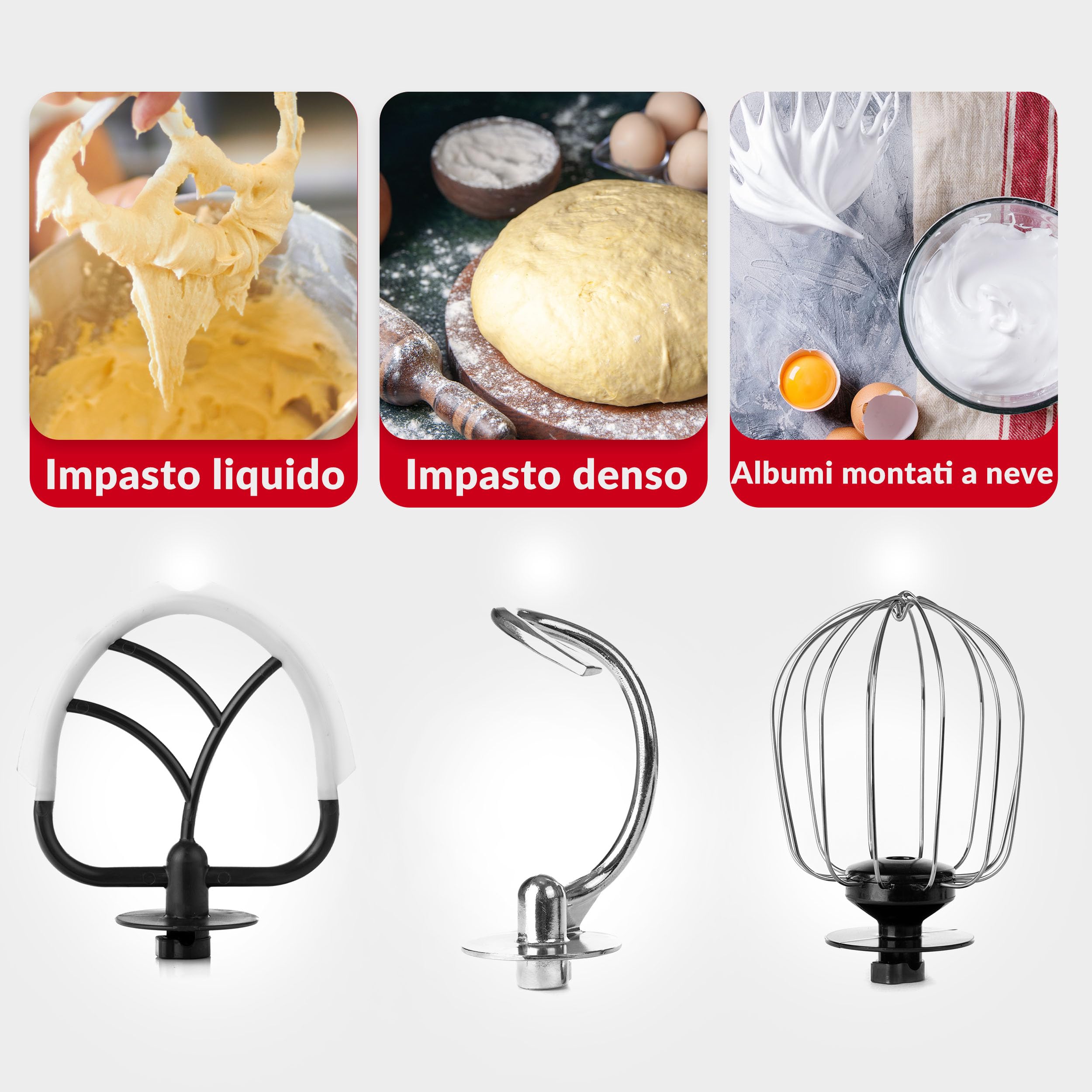 Lehmann Impastatrice Planetaria, 2200 W, Robot da Cucina Multifunzione Planetaria 5 Litri con Ciotola in Acciao Inossidabile, 6 Velocità, Pulse, 3 Ganci di Miscelazione