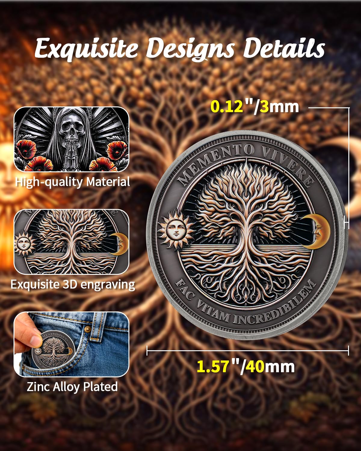 ACGZQY Memento Mori Coin, Skull Tree of Life Memento Vivere Coin, Poppy Flower Stoic EDC Challenge Coin for Daily Practice - Image 3