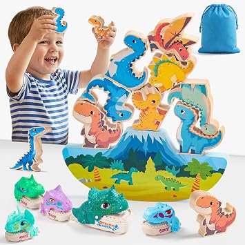 Wooden Dinosaur Stacking Toy with Dino Car for Toddlers Ages 2-4 | Wooden dinosaur stacking toy with motorized dino car, lights and music to build balance and fine motor skills.