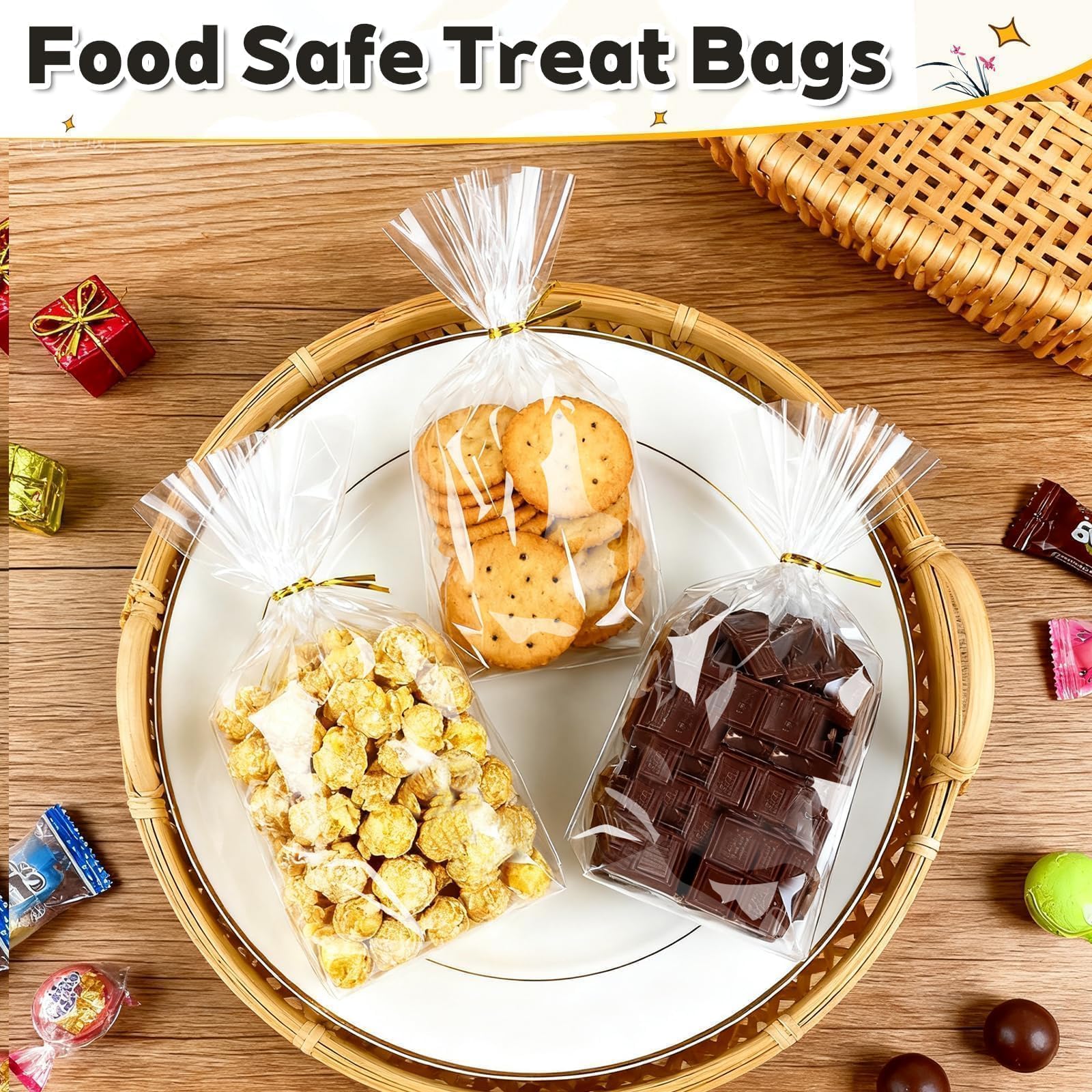 PigPotParty Bolsas de celofán de 6 x 9 pulgadas, paquete de 50 bolsas transparentes con refuerzo inferior para exhibición de pie, pequeño envoltorio de regalo de plástico para galletas, dulces