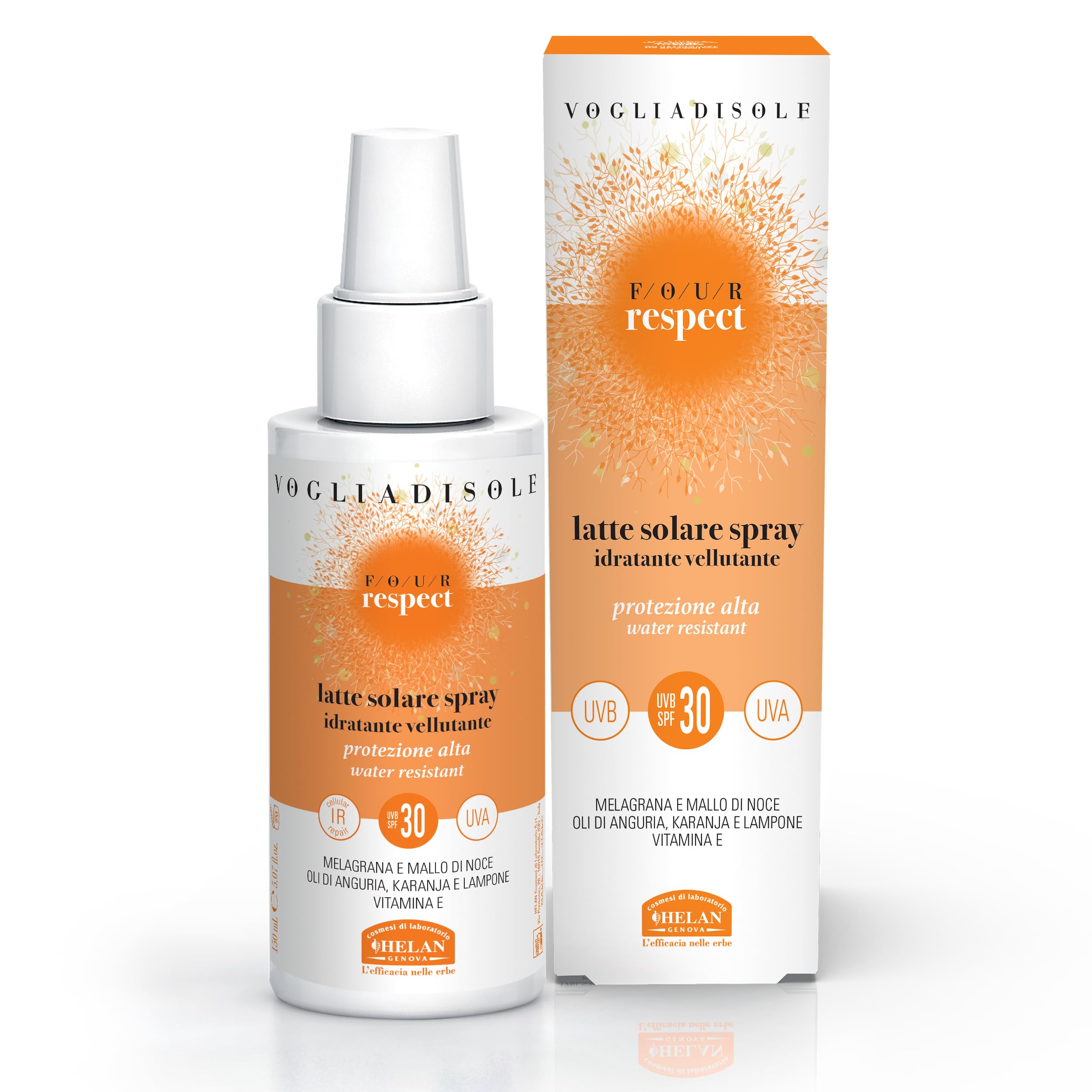 Helan, Vogliadisole Respect - Sun Cream 30 Spray, High Sun Protection 30 against Erythema and Sunburn, Moisturising Water Resistant Perfumed Body Cream with Vitamin E against UVA/UVB Rays 150 ml