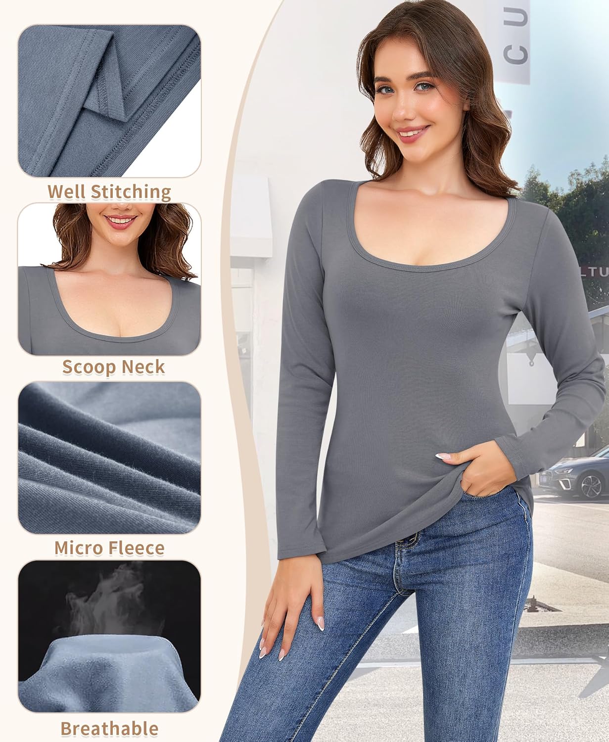 Ganado Long Sleeve Shirts for Women Scoop Neck Thermal Shirt Plain Basic Tops Fitted Layering Undershirts - Image 5