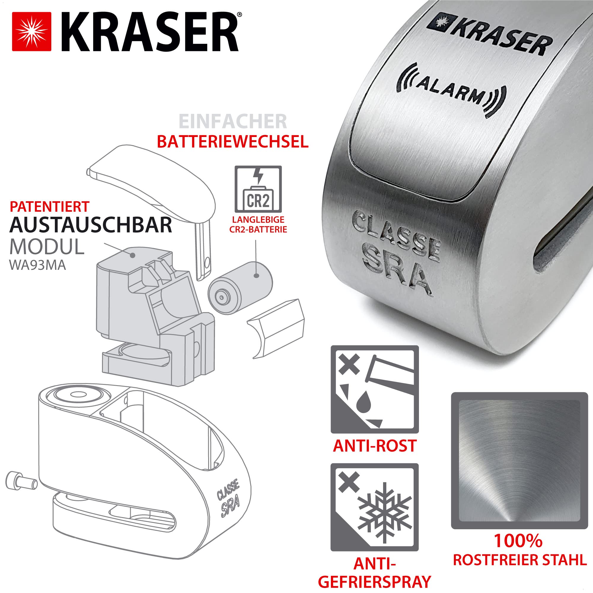 KRASER KR14S Bremsscheibenschloss Alarm für Motorrad, Roller, Motorradschloss Bremsscheibenschloss mit Zulassung Hohe Sicherheit, Motorradschloss mit Alarm Motorrad Schloss Bremsscheibe, 14mm