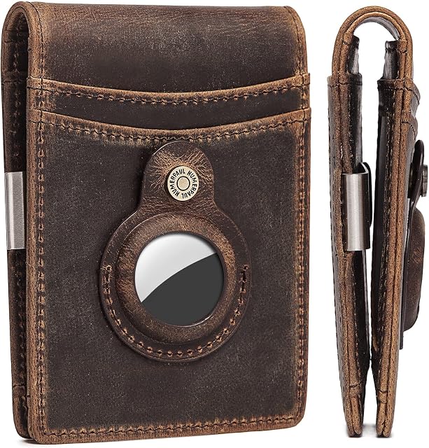 HUMERPAUL AirTag Wallet Case for Men Women, Slim Minimalist Front Pocket Wallet for Air Tag GPS Tracker, Genuine Leather RFID Blocking Bifold Purse with Money Clip (Coffee)
