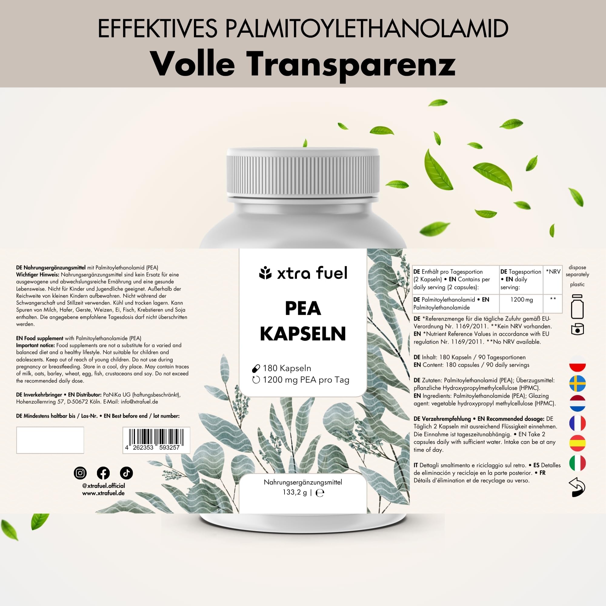 PEA Kapseln – 180 Kapseln hochdosiert - mikronisiertes Palmitoylethanolamid – 1200 mg pro Tagesdosis – vegan & laborgeprüft