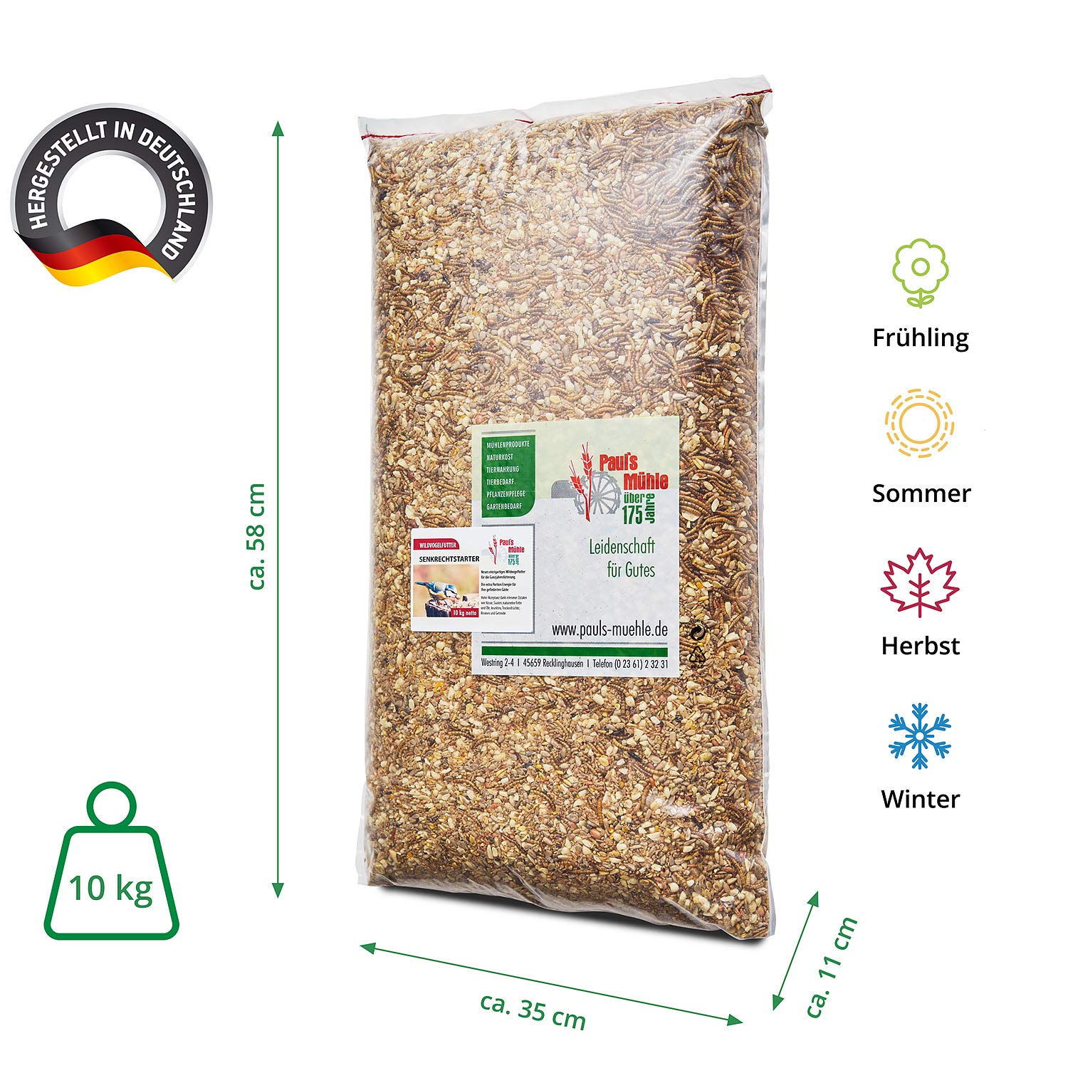 Paul's Mühle Premium Ganzjahresfutter für Wildvögel mit Extra Hohem Fettanteil, Vogelfutter zur Ganzjahresfütterung, Senkrechtstarter, 10 kg