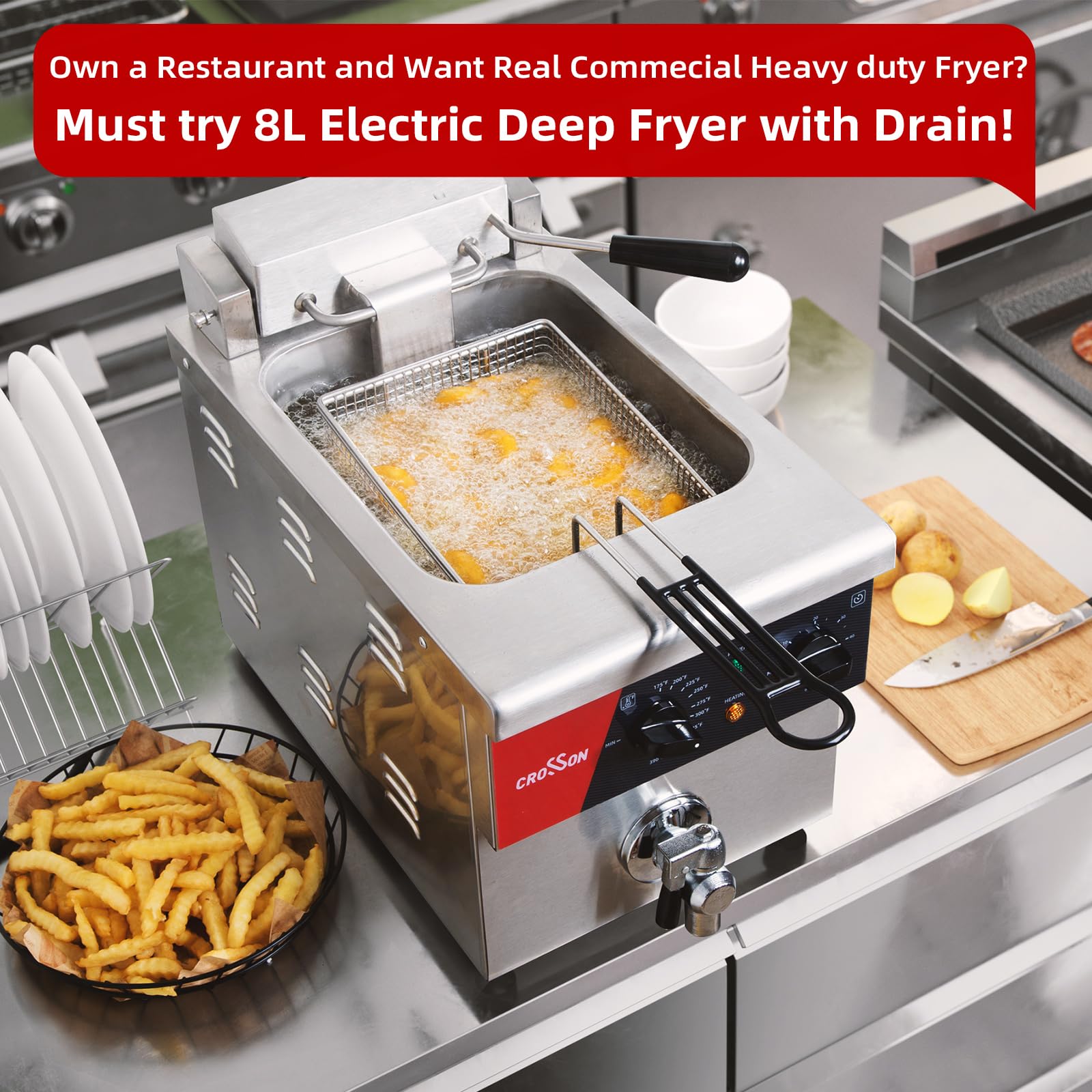 CROSSON 8L Countertop Electric Deep Fryer with Draining Valve,Solid Basket and Lid for Restaurant Use 120V,1800W Stainless Steel Commercial Deep Fryer