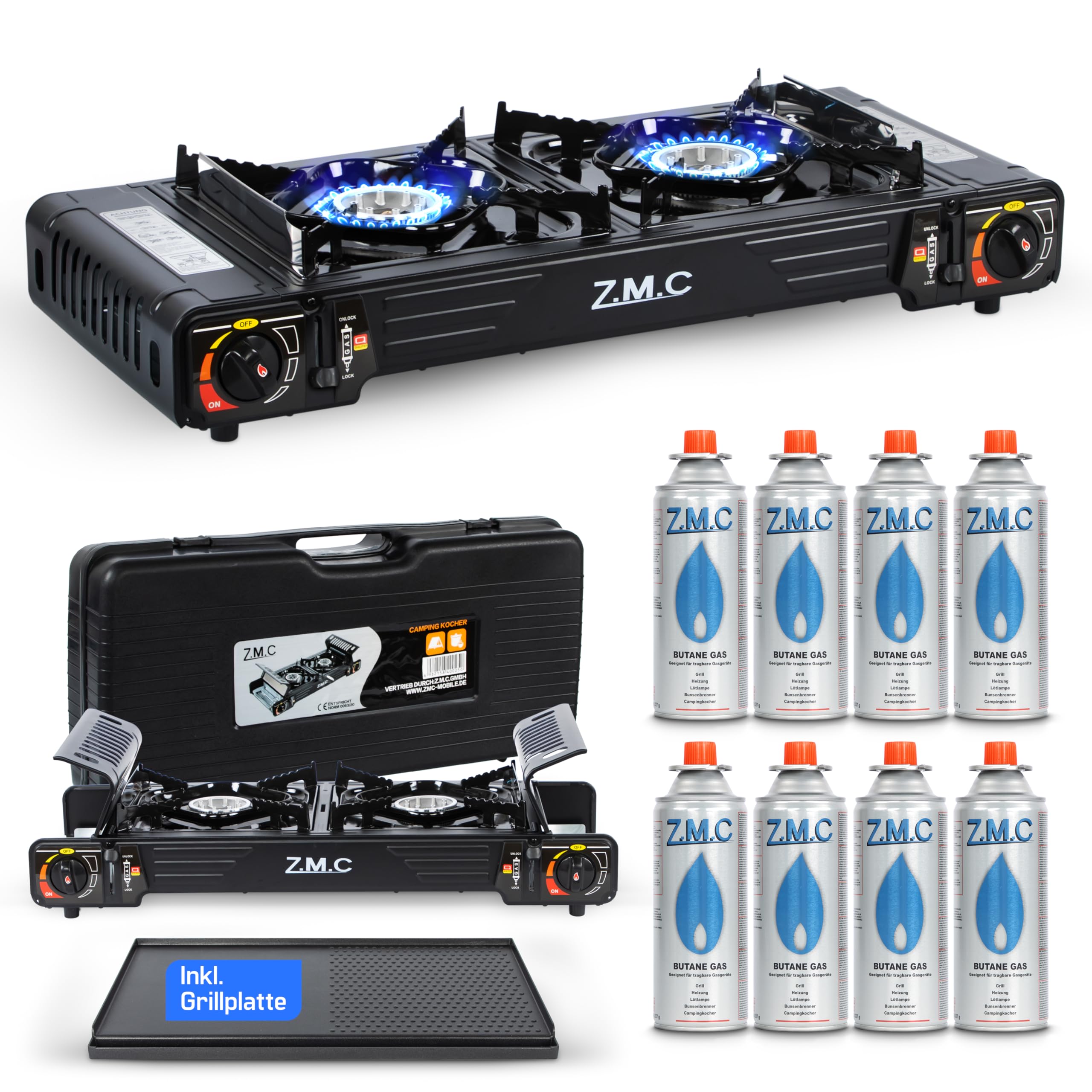 Z.M.C PREMIUM Camping Gaskocher 2-flammig + Grillplatte 45x24 cm + 8 Gaskartuschen 227g, Campingkocher mit Zündsicherung für Outdoor und Innenraum, Balkon Doppelgaskocher mit Piezozündung