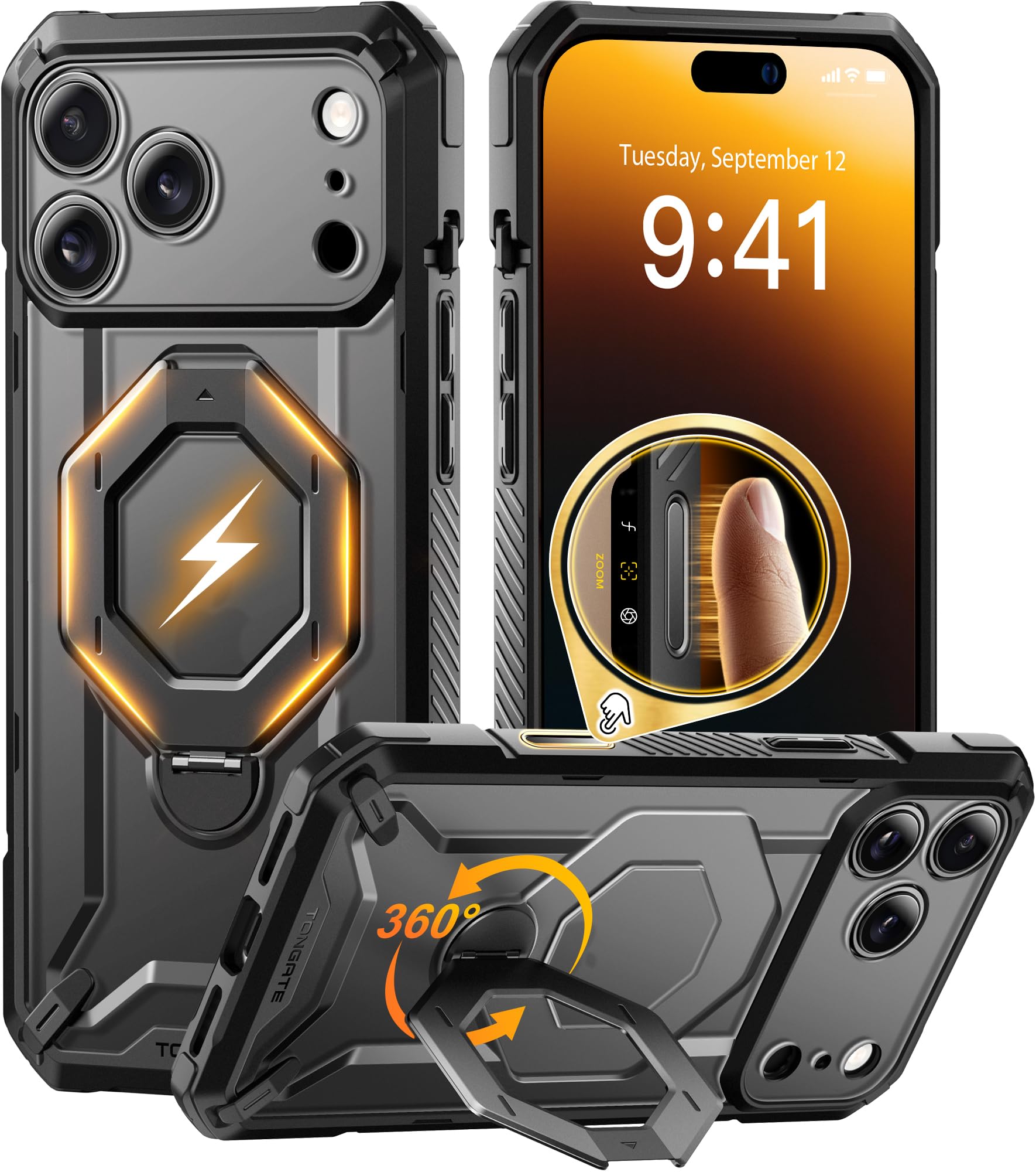 TONGATE for iPhone 17 Pro Max Case with 360° Spin Magnetic Stand, [Compatible with MagSafe][Military-Grade Protection] with Screen Protector & Camera Control Cover for iPhone 17 ProMax, Black