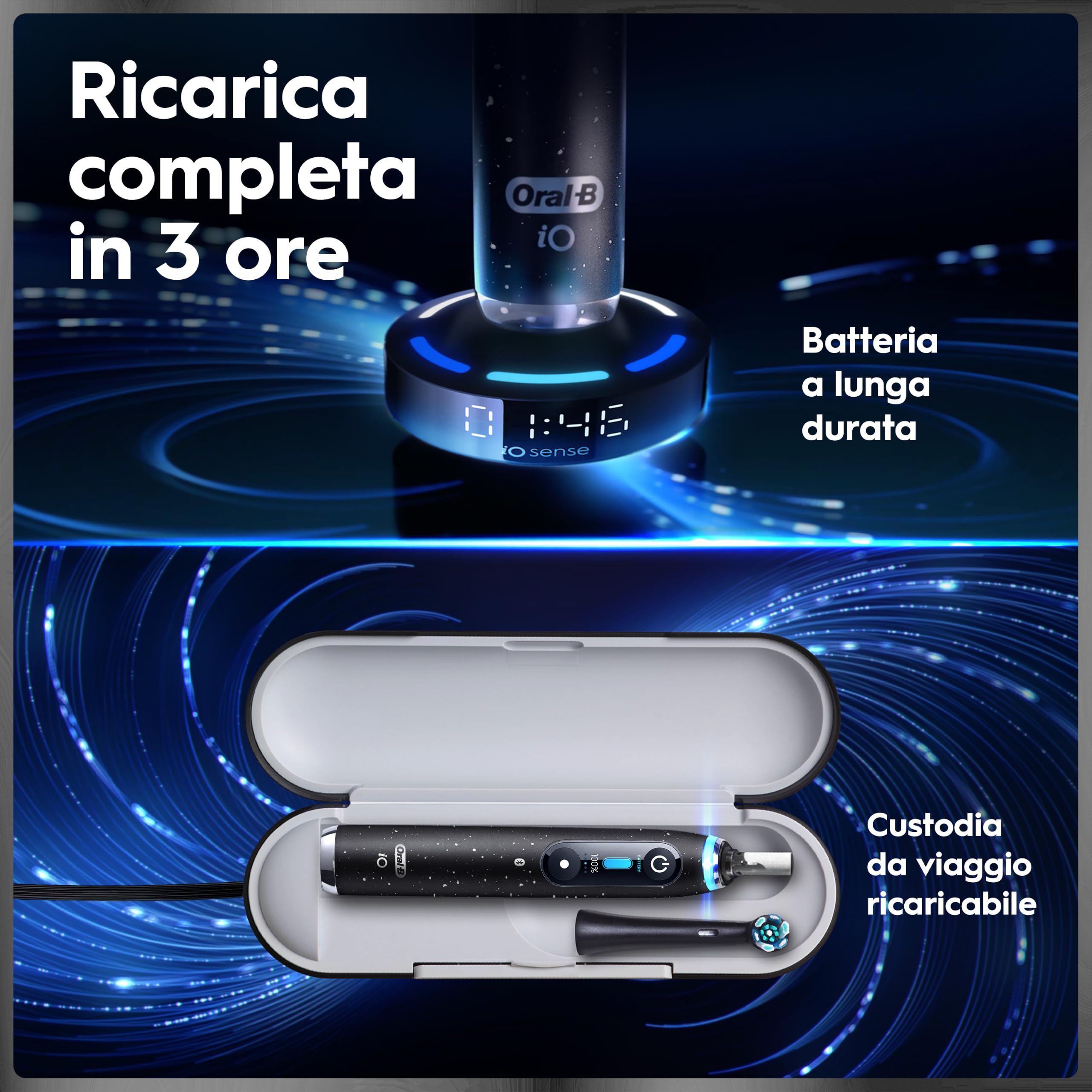 Oral-B iO 10 Spazzolino Elettrico, 3 Testine di Ricambio, Custodia, Nero - 3 Testina di Ricambio per Spazzolino Elettrico, Ricaricabile, Custodia da Viaggio Ricaricabile, Pulizia Denti Efficace