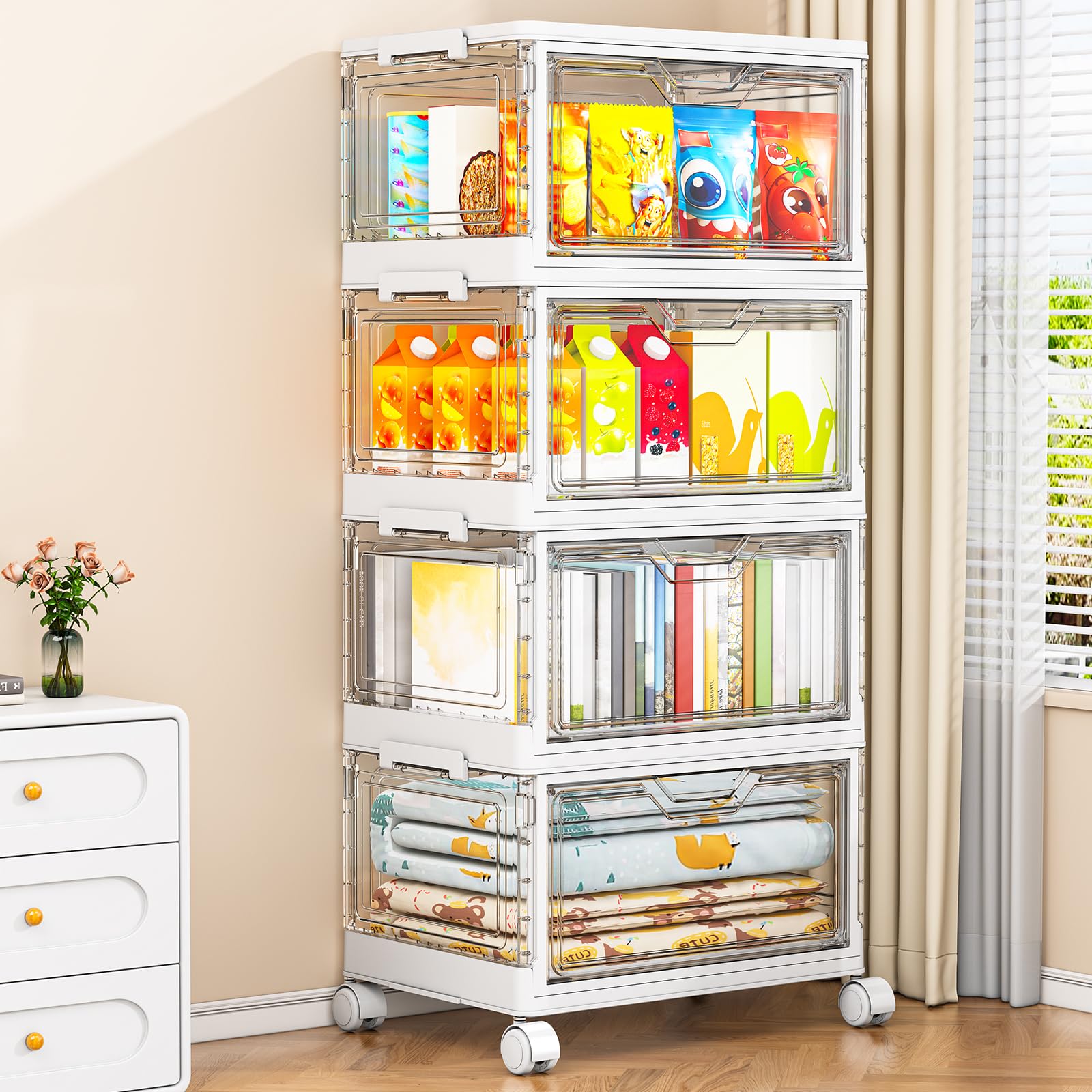 StowBin Storage Boxes with Lid - Plastic Storage Bins with 1 Lid,28L*4Tier Clear Stackable Storage Boxes with Wheels,Large Bins Organizer for Bedroom Living Room Bathroom, Clear โ image 1