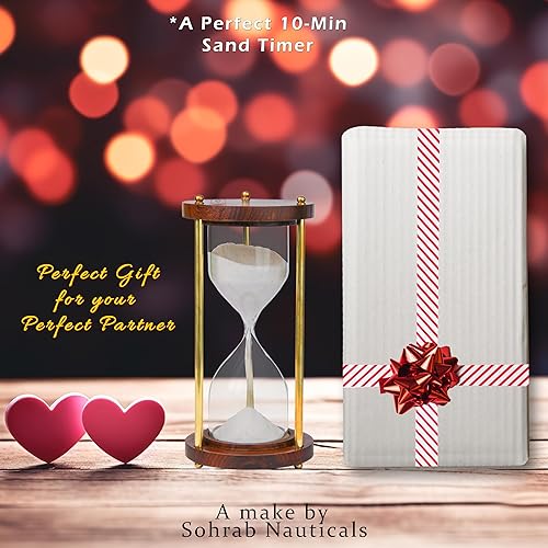 Miniatura 7 de Sohrab Nauticals Reloj de arena de latón de madera, temporizador de arena de 10 minutos, temporizador de reloj de arena con arena blanca brillante