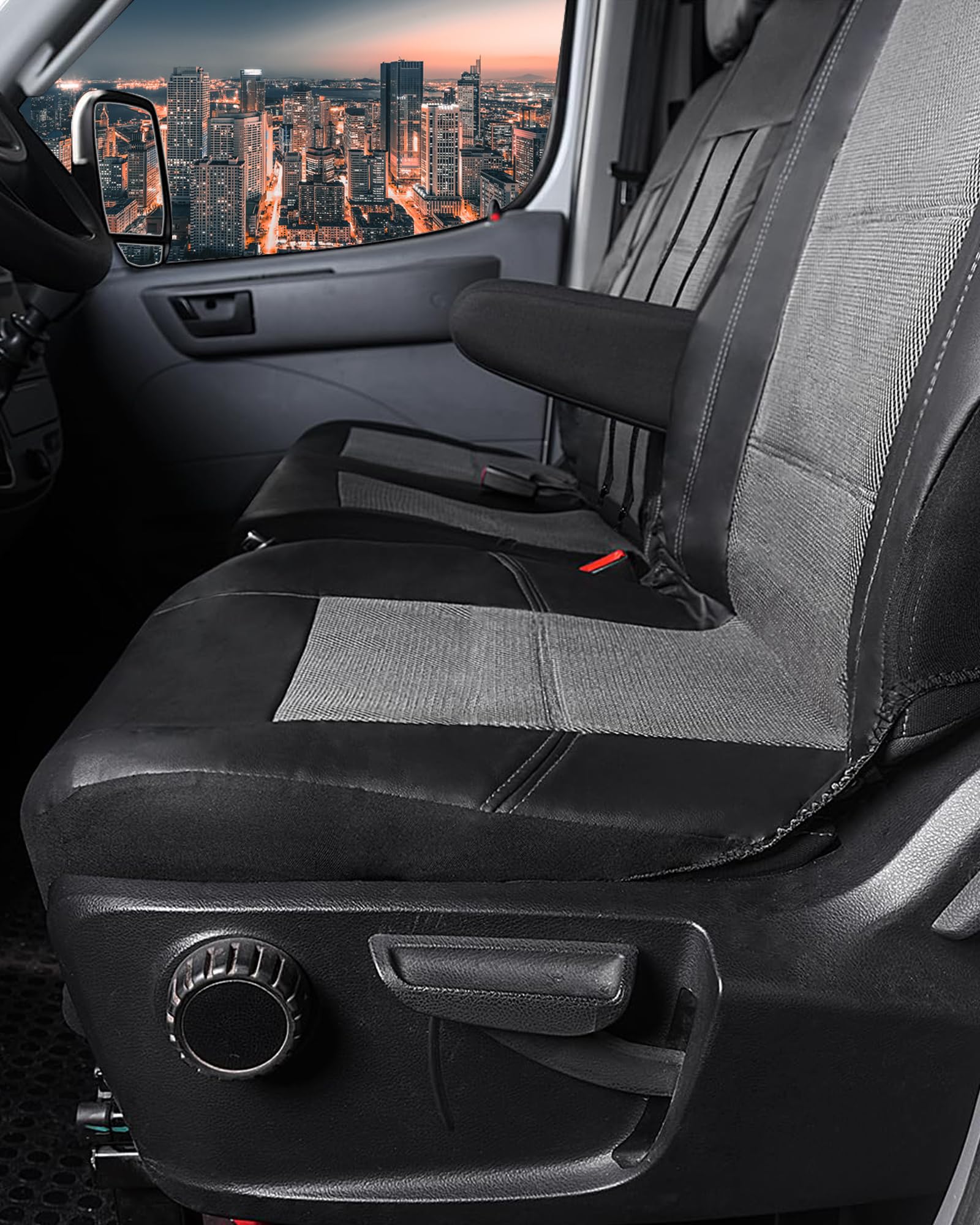 TOYOUN Fundas de asiento para furgonetas y camiones, ajuste universal para asientos individuales y dobles - piel sintética y malla, negro y gris