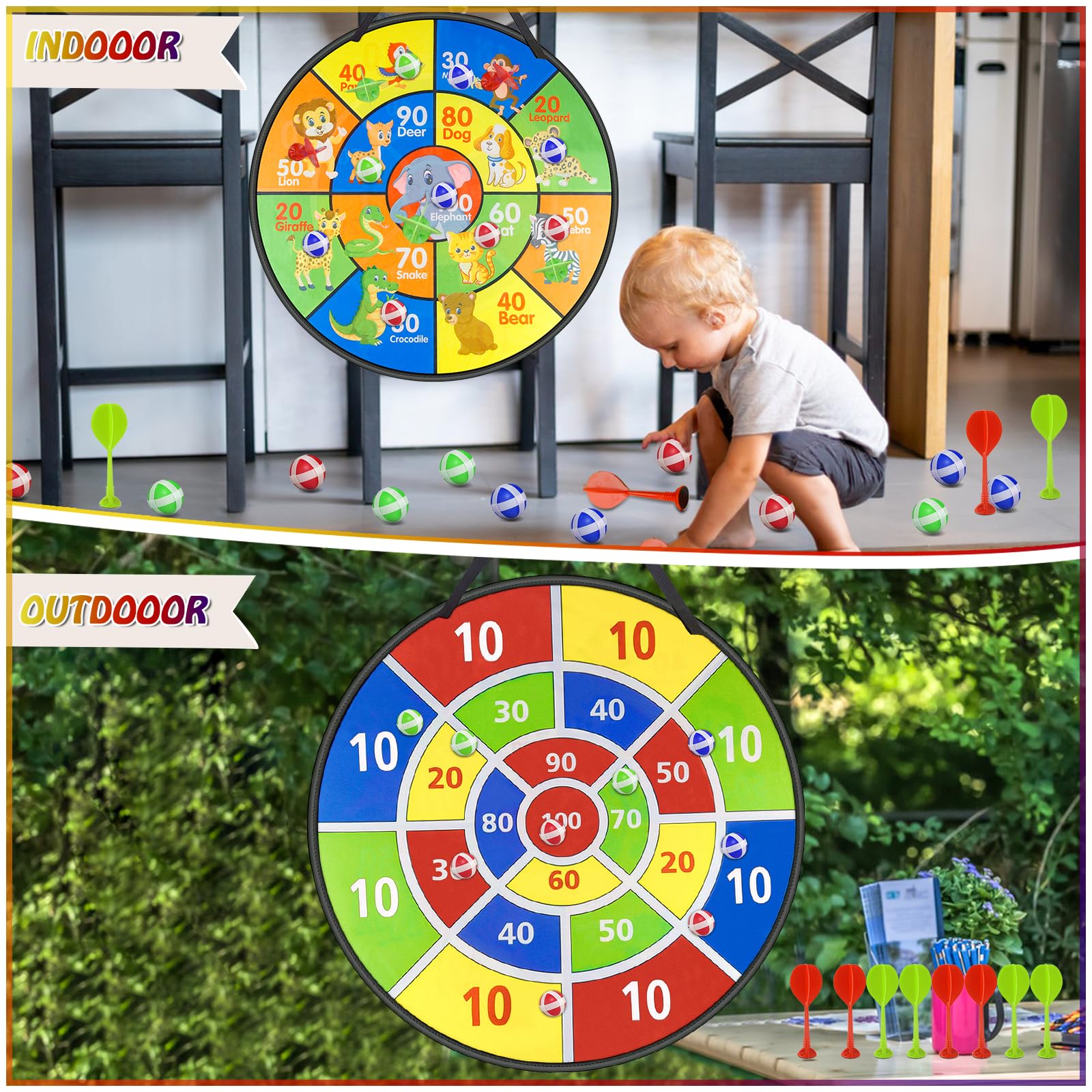 Tablero de Dardos de Doble Cara 72cm Juego de Dardos Seguro Plegable con 18 Bolas 12 Dardos