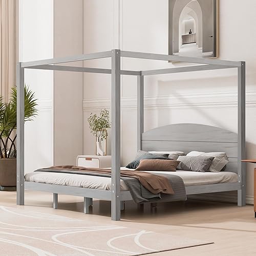 Miniatura 7 de Cama de plataforma tamaño King con cabecera y patas de soporte, marco de cama King de madera con cuatro pósteres, no requiere somier, gris lavado