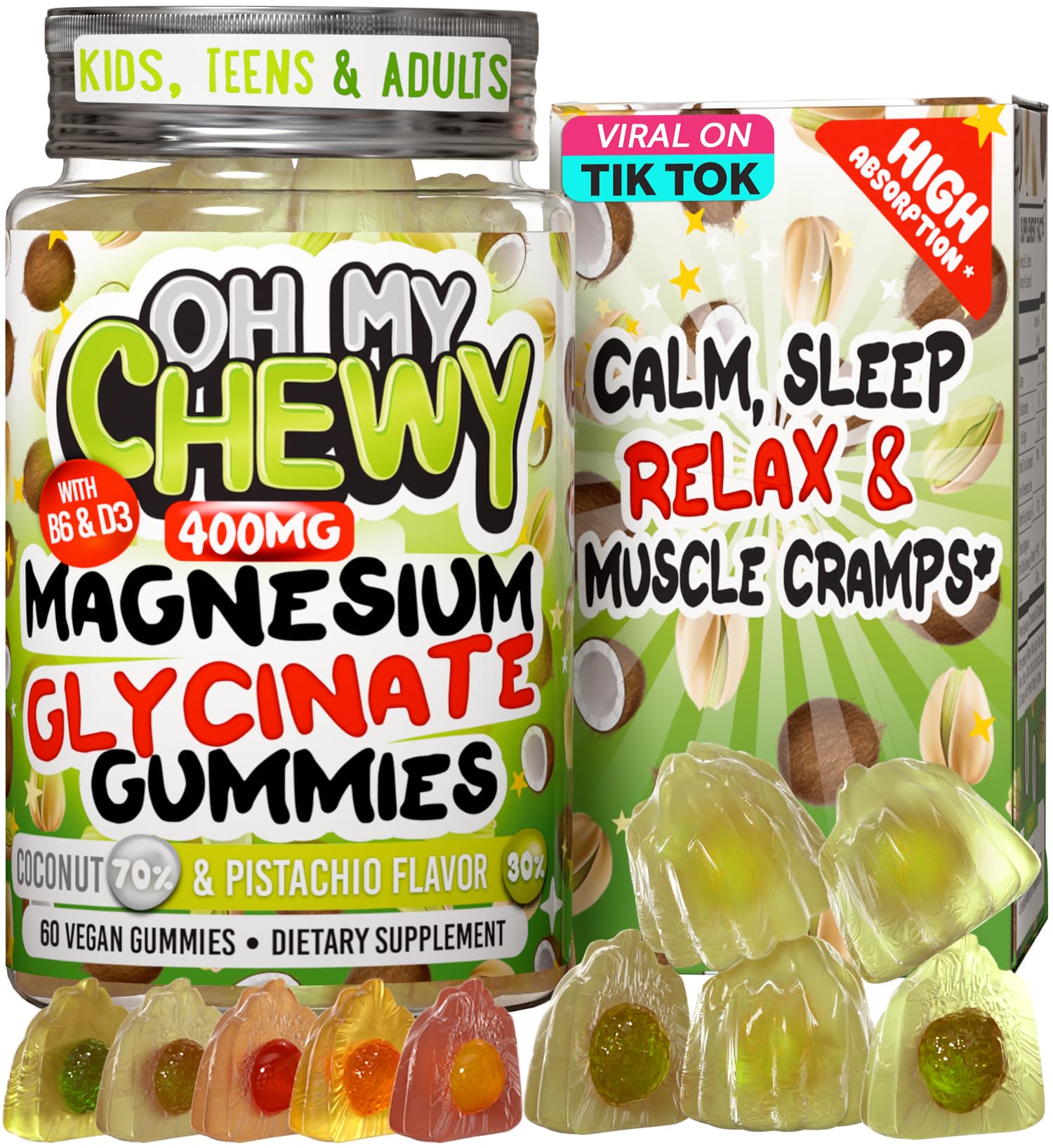 Center-Filled Magnesium Glycinate Gummies 400MG - High Absorption for Kids, Teens & Adults - Supplement for Sleep, Calm & Muscle Relaxation with B6 & D3 - Gluten Free & Vegan Friendly - 60 Count