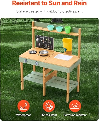 Miniatura 2 de VEVOR Cocina de barro para niños al aire libre, juego de cocina de madera para niños, juego de cocina para niños con maceta, estufas, tanque, grifo,