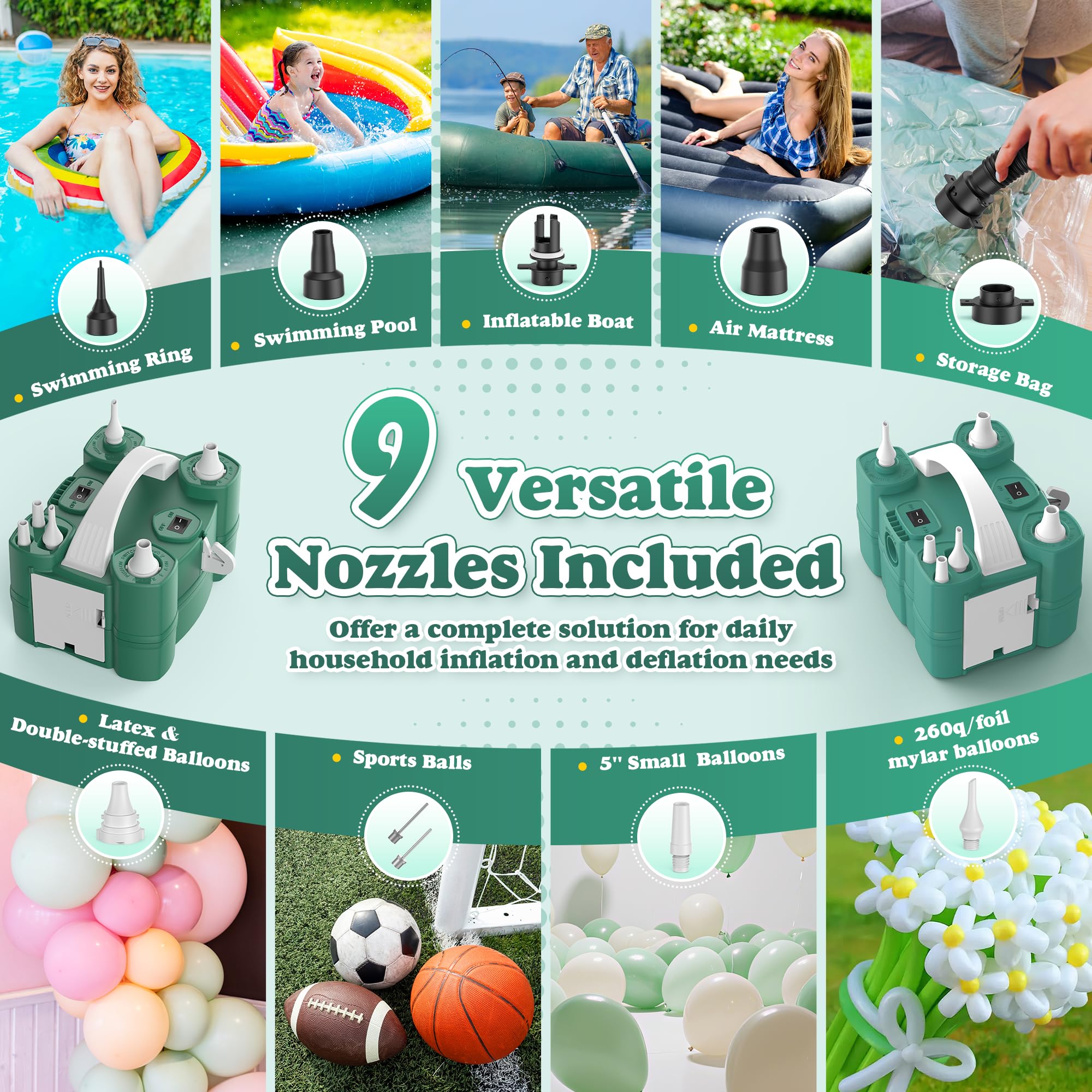 LooLaa Ballonpumpe 4 in 1 Elektrische Ballonpumpe mit dreifachen Aufblasanschlüssen für alle Ballons Luftfüllmaschine für Sportbälle Inflator Deflator für aufblasbare Gegenstände (Kordelzugbeutel