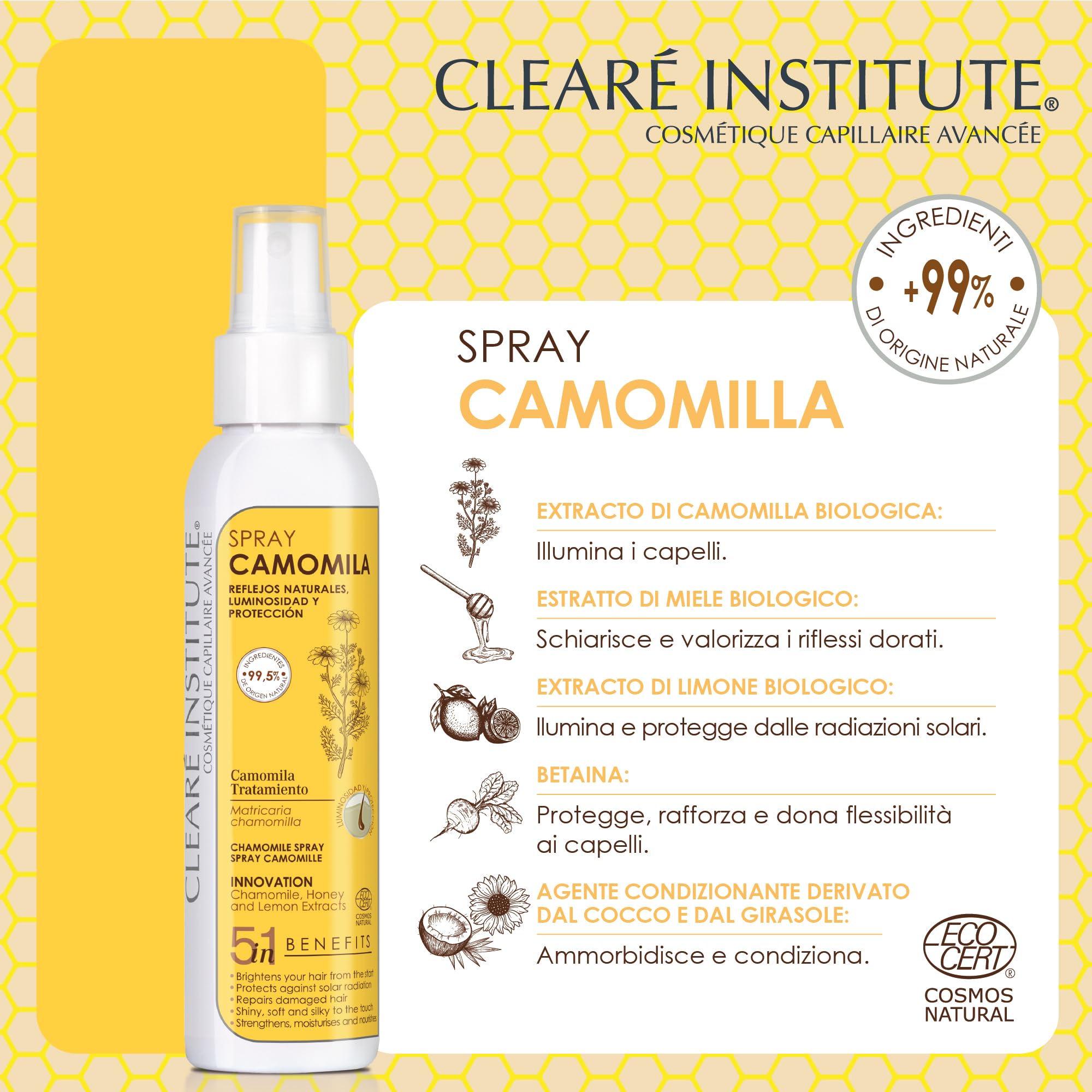 Clearé Institute | Spray Naturale alla Camomilla | Lozione Schiarente per Capelli | Schiarente e Protettore Solare | Riflessi Dorati | Adatto al Metodo Curly | 99% Ingredienti Naturali | 125 ml