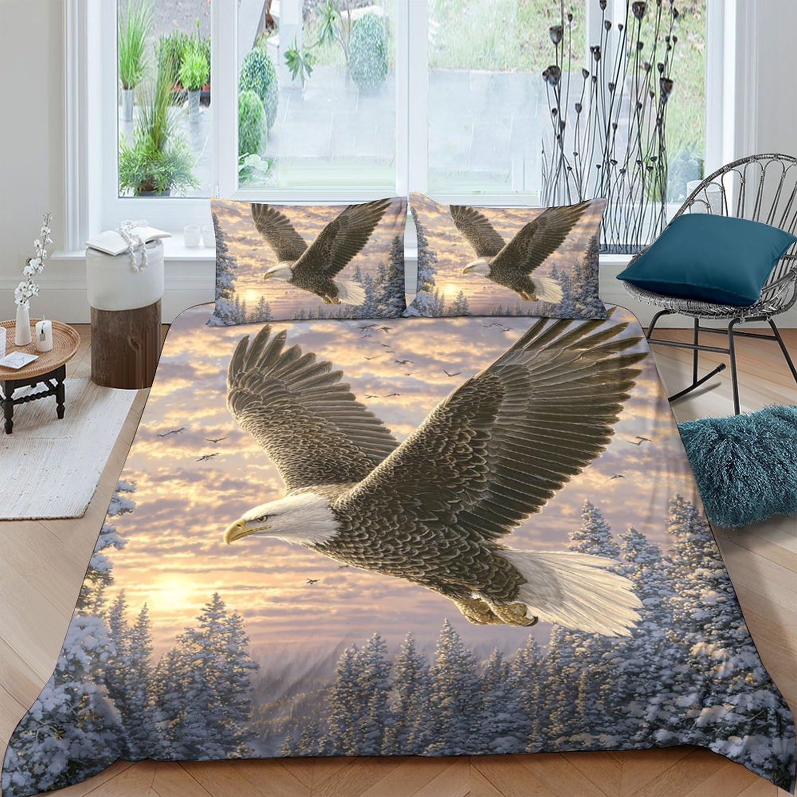 Ctjqhvkz Style-8 3D Printed Soaring Eagle Fitted Sheet Microfiber Nature Forest Sunset Mattress Cover Non Slip Machine Washable For Bedroom Decor Single（135X200cm）