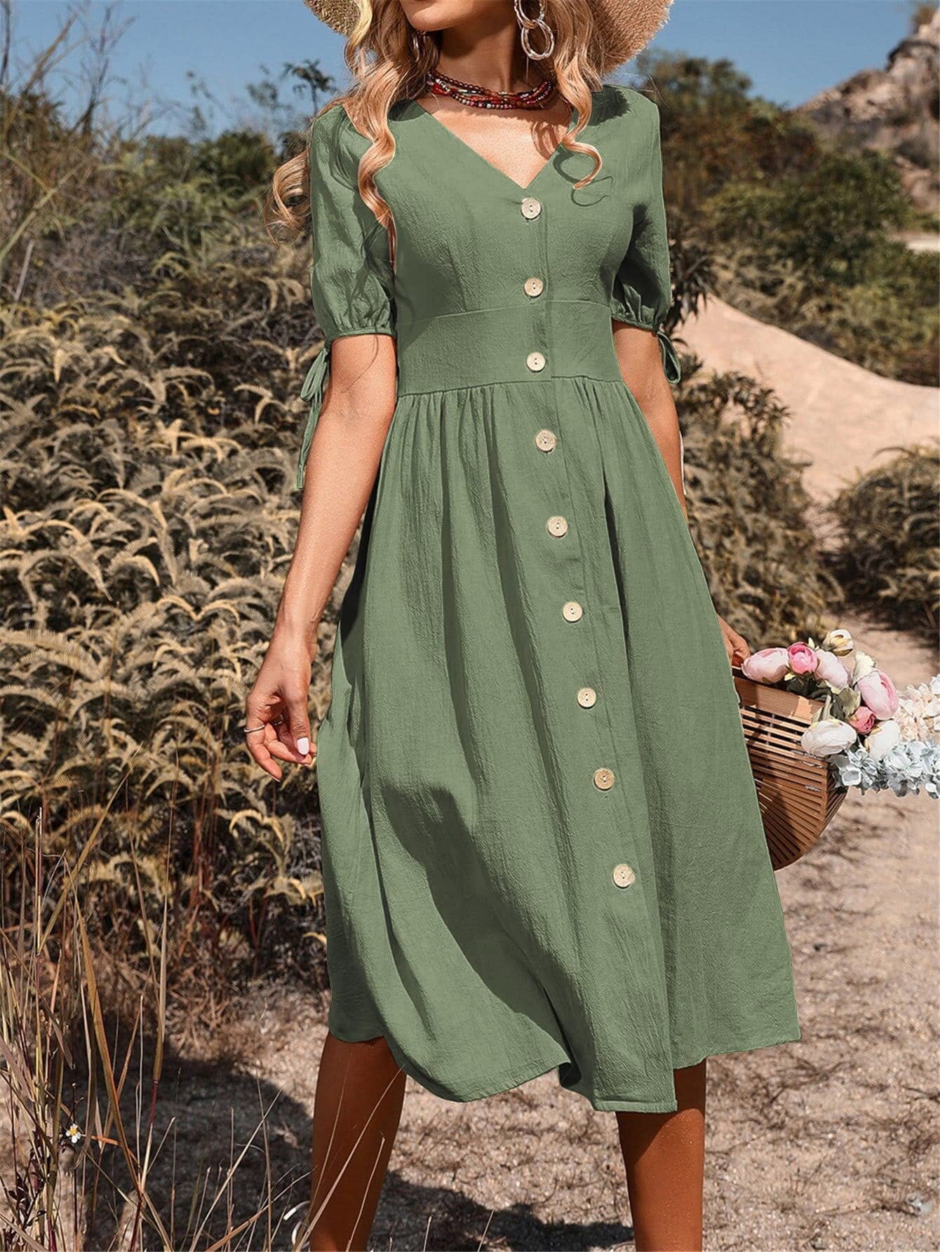 ladies button front dress Neeno Women's Dresses Tie Cuff Dress for Women (Color : Army Green, Size : Medium) : Clothing, Shoes & Jewelry Asymmetrical draped blazer dress Color:Windsor Grey OCC-BEACH The midi length adds