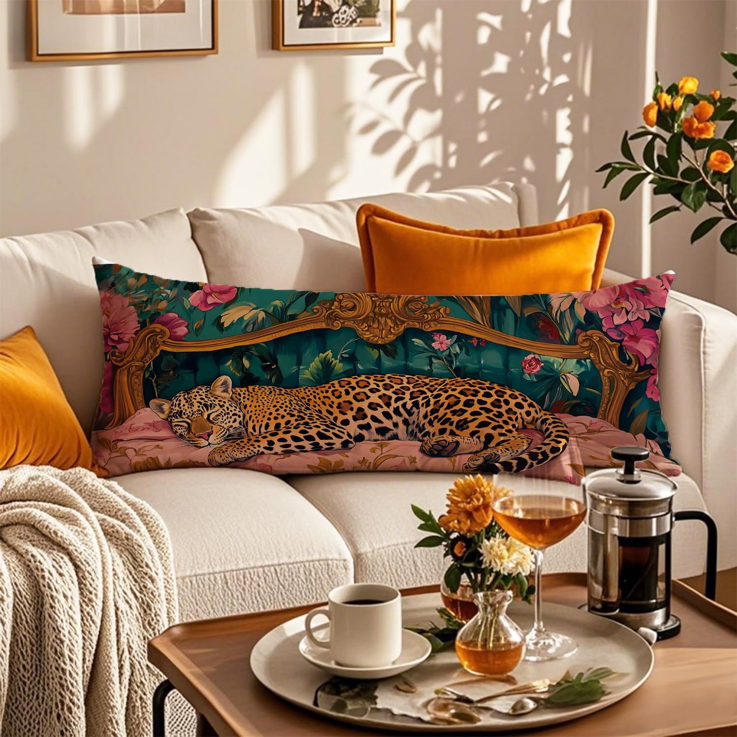 Vintage Leopard Floral 20x54 Body Pillow Cover, Cheetah Room Decor, Trendy Retro Sleepy Leopard Pink Flowers Decorative Long Body Pillow Cases for Bed Couch