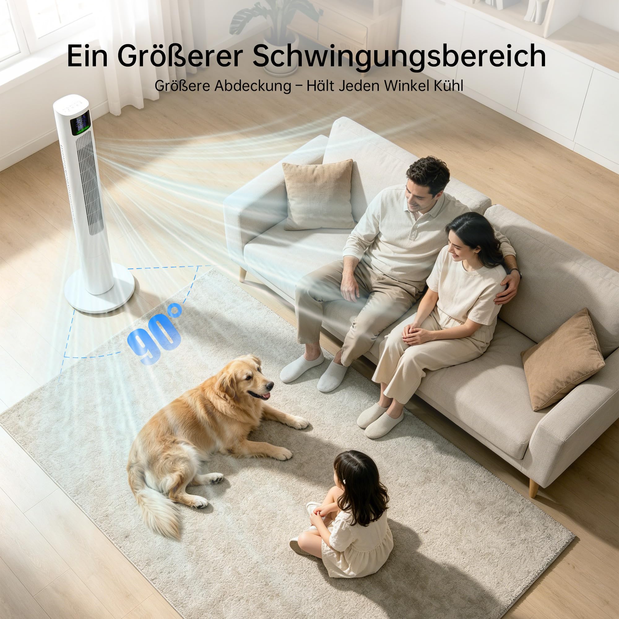 HEALLUX Turmventilator 115 cm, leiser Ventilator mit Fernbedienung, 10 m Wurfweite, 4 Geschwindigkeiten & 4 Modi, 90° oszillierend, 12h Timer, energiesparend, Tower Fan für Schlafzimmer, Weiß