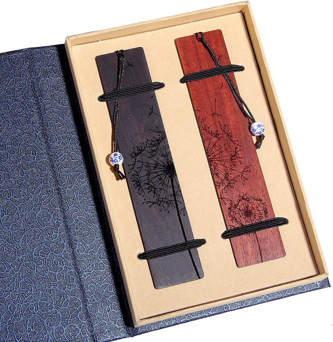 Handmade Wooden Bookmark Gift Box Set, Bookmark with Blue and White Porcelain Pendant, is A Unique Gift for Teachers, Students, Men and Women.