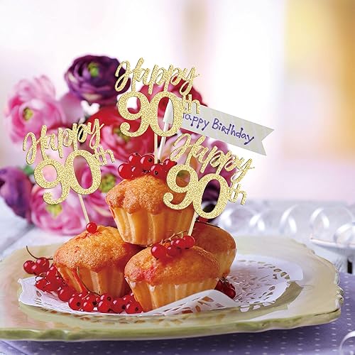 Miniatura 4 de Gyufise 24 adornos para cupcakes con purpurina número 90, noventa y noventa a 90 cupcakes, decoraciones para 90 cumpleaños, bodas, aniversarios,