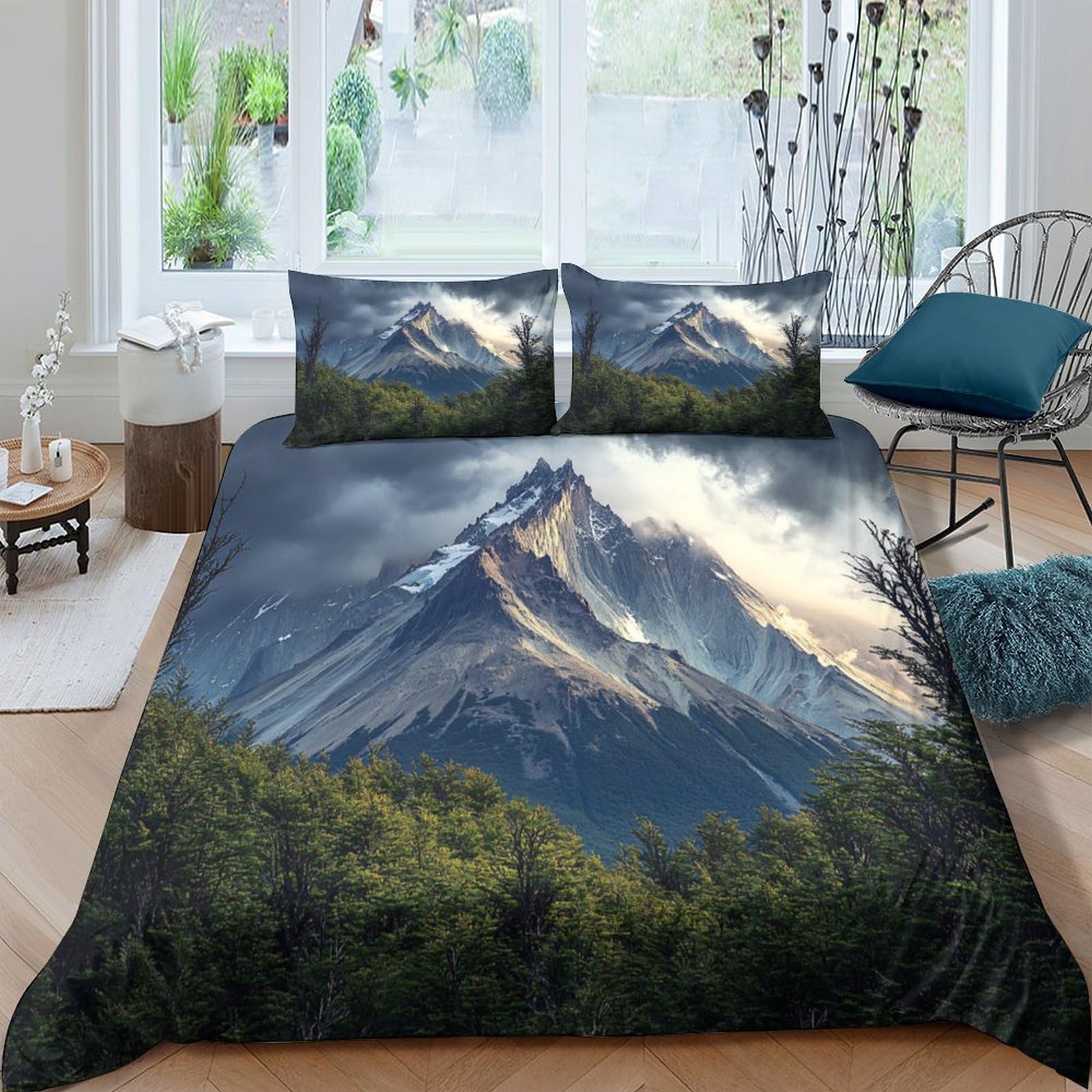 Ctjqhvkz Style-2 3D Printed Mountain Landscape Fitted Sheet Microfiber Soft Forest Peaks Bed Cover Non-Slip Easy Care For Bedroom Guest Room Decor Single（135X200cm）