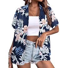 Women Hawaii Shirts Soft Cool Floral Tropic Print V Neck Summer Tops Short Sleeve Button Up Tops T-Shirt