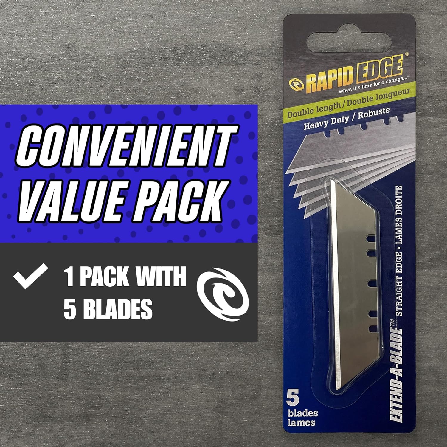 Rapid Edge 1-Pack Double-Length Utility Knife Blades, Straight Edge Utility Blade, 5 Blade Refills