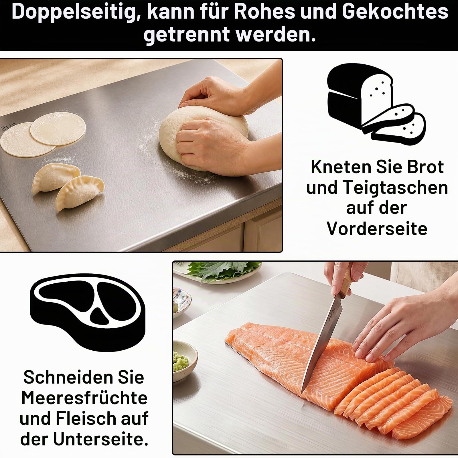 Edelstahl Schneidebrett mit Kante, Edelstahl Arbeitsplatte, Küche Schneidbrettchen, Schweres Schneidebrett zum Kochen, Backen Brot Restaurant zum Kneten, für Fleisch, Gemüse für Küche Bar (60 * 40cm)