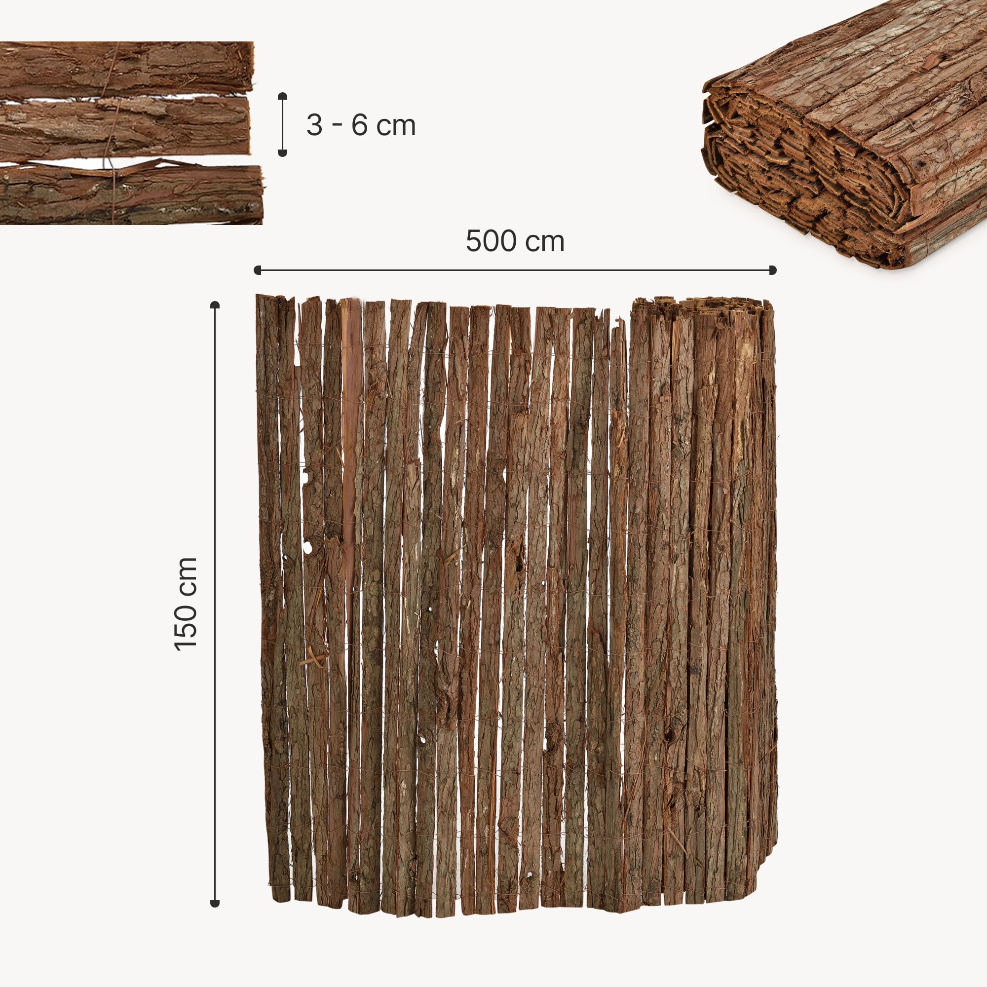 casa.pro Canisse en Écorce Zamora 500 x 150 cm Brise-Vue Naturel | résistant, balcon, terrasse, jardin, résistant aux intempéries, brise-vue, extérieur, matériau naturel