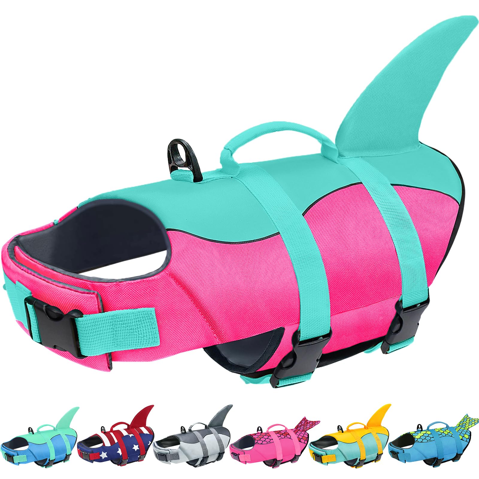 Malier Dog Life Jacket, Ripstop Dog Life Vest with High Buoyancy for Swimming Boating, High Visibility Shark Puppy Lifesaver for Small Medium Large