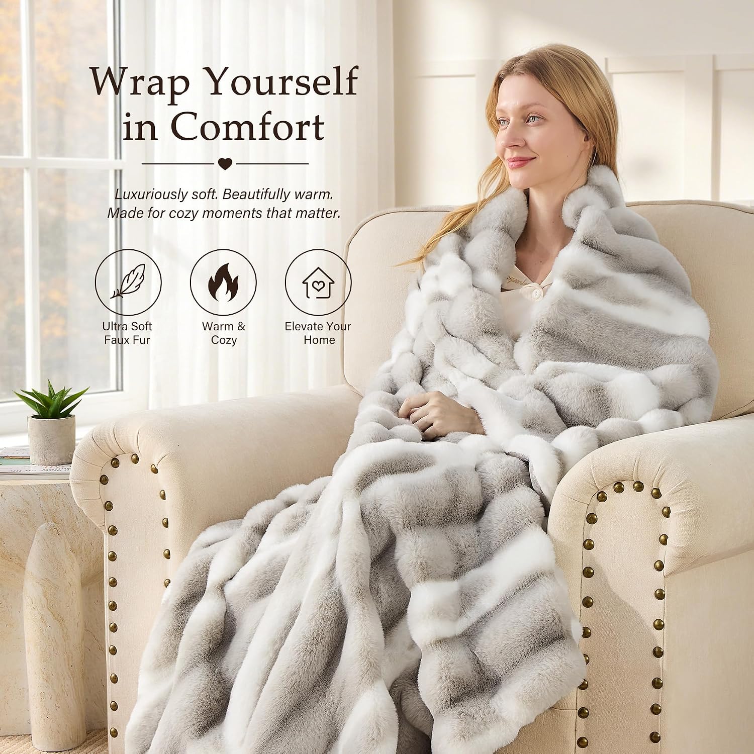 VFROO Plush Faux Rabbit Fur Throw Blanket – 850GSM Thick & Warm, Ultra Soft Fluffy Blanket for Couch, Bed, Sofa, Ideal Gift for Women, 50" × 60", Grey image 2